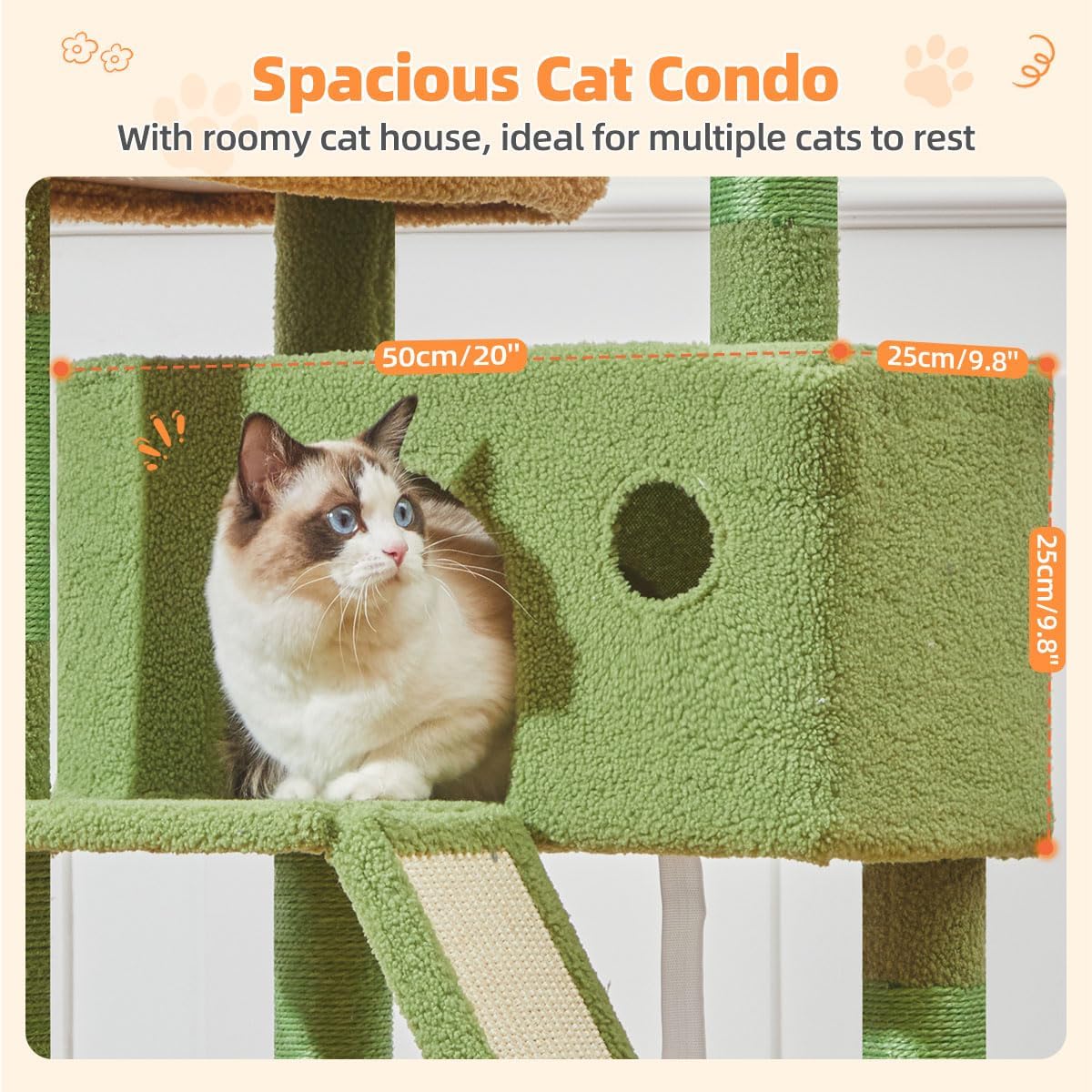 Taoqimiao Cactus Cat Tree, 58In Cat Tower for Indoor Cats Large Adult | Spacious Cat Condo, 2 Cute Perches, Metal Frame Cozy Hammock, Durable Scratch Board, 8 Natural Sisal Posts, Basket, MSC026 - Image 5