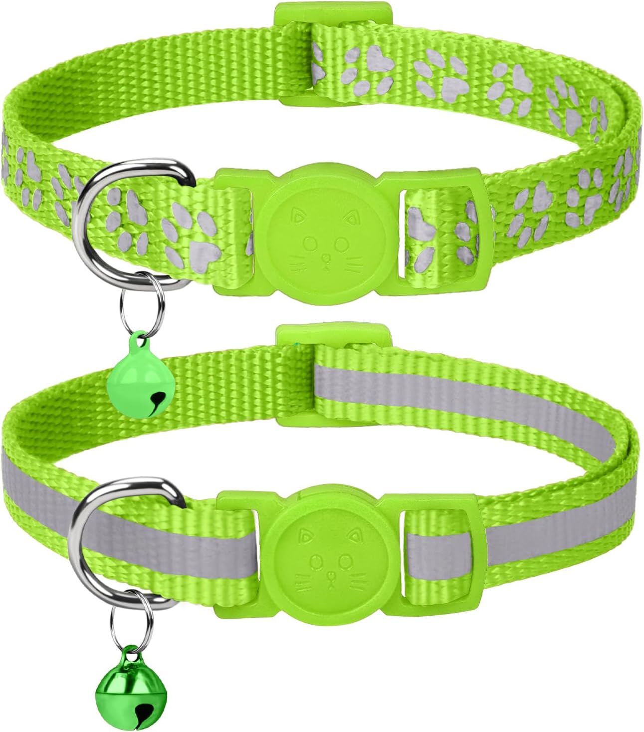 Taglory 2 Pack Reflective Breakaway Cat Collar with Bell, Green | Adjustable 7.5-12.5 in, Lightweight Nylon, Safety Quick-Release Buckle, Boy Girl Kittens, Night Visibility