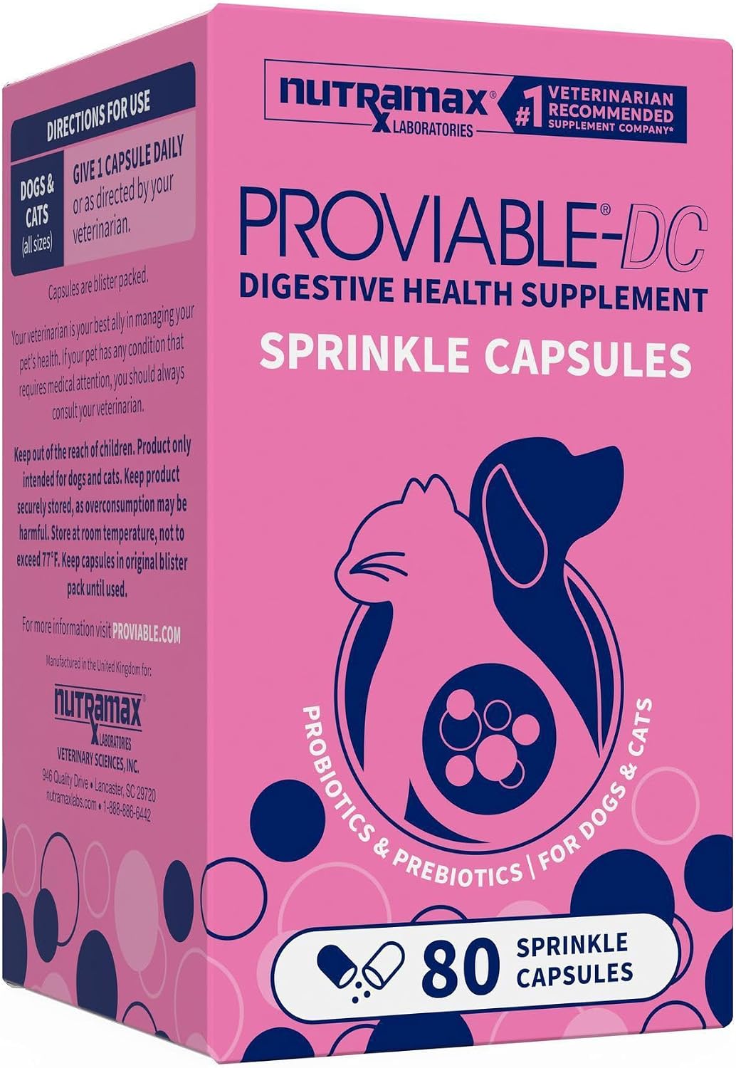 Nutramax Proviable Probiotics for Dogs and Cats, Daily Digestive Health Supplement with Multiple Strains of Bacteria, Cat and Dog Probiotics Plus Prebiotics, 80 Capsules