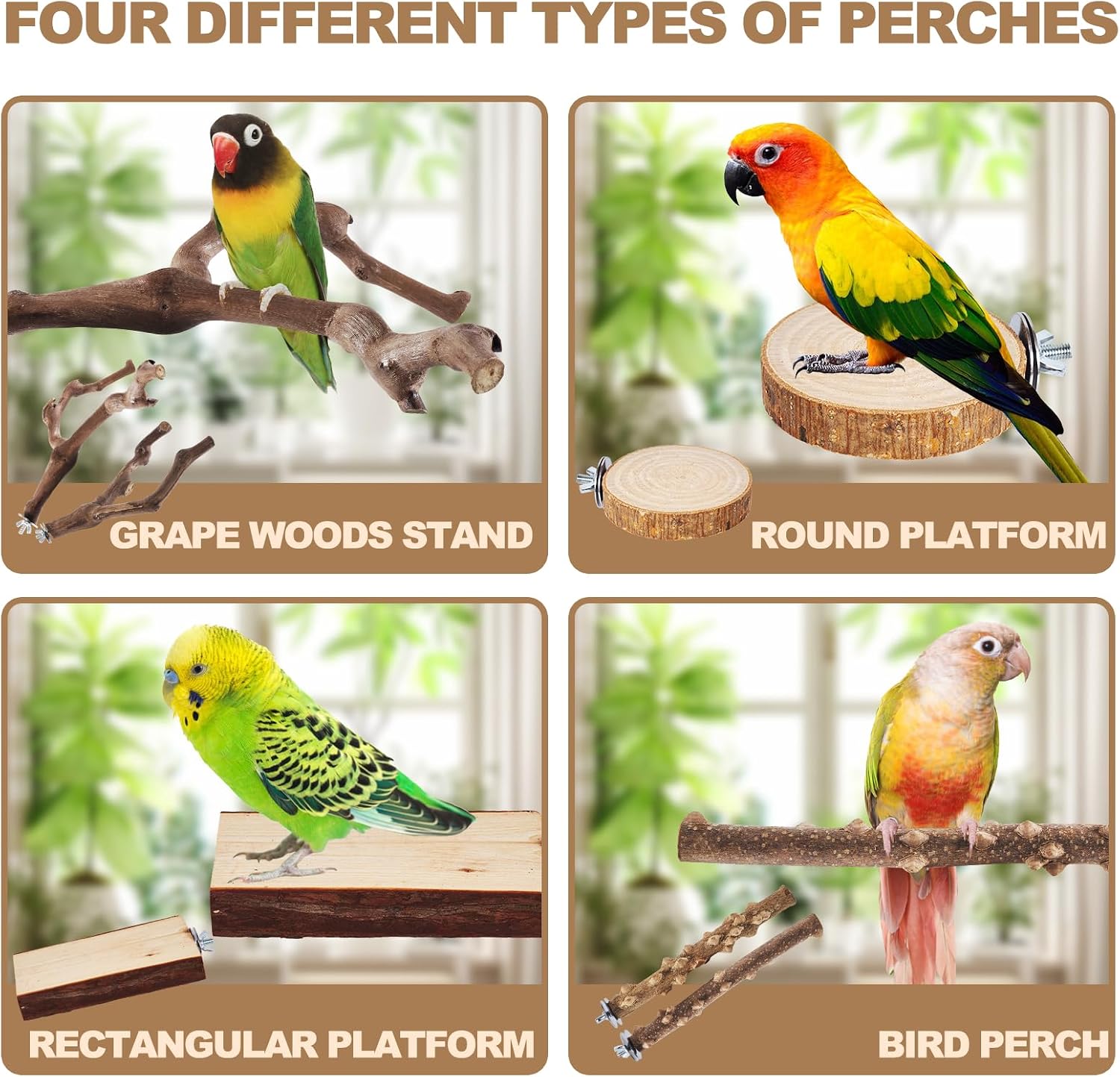 LIMIO 6-Piece Bird Perch Set - Natural Wood Grape Sticks, Paw Grinding Forks, Bird Stand & Toys for Parakeets, Cockatiels, Conure, Budgies - Image 4