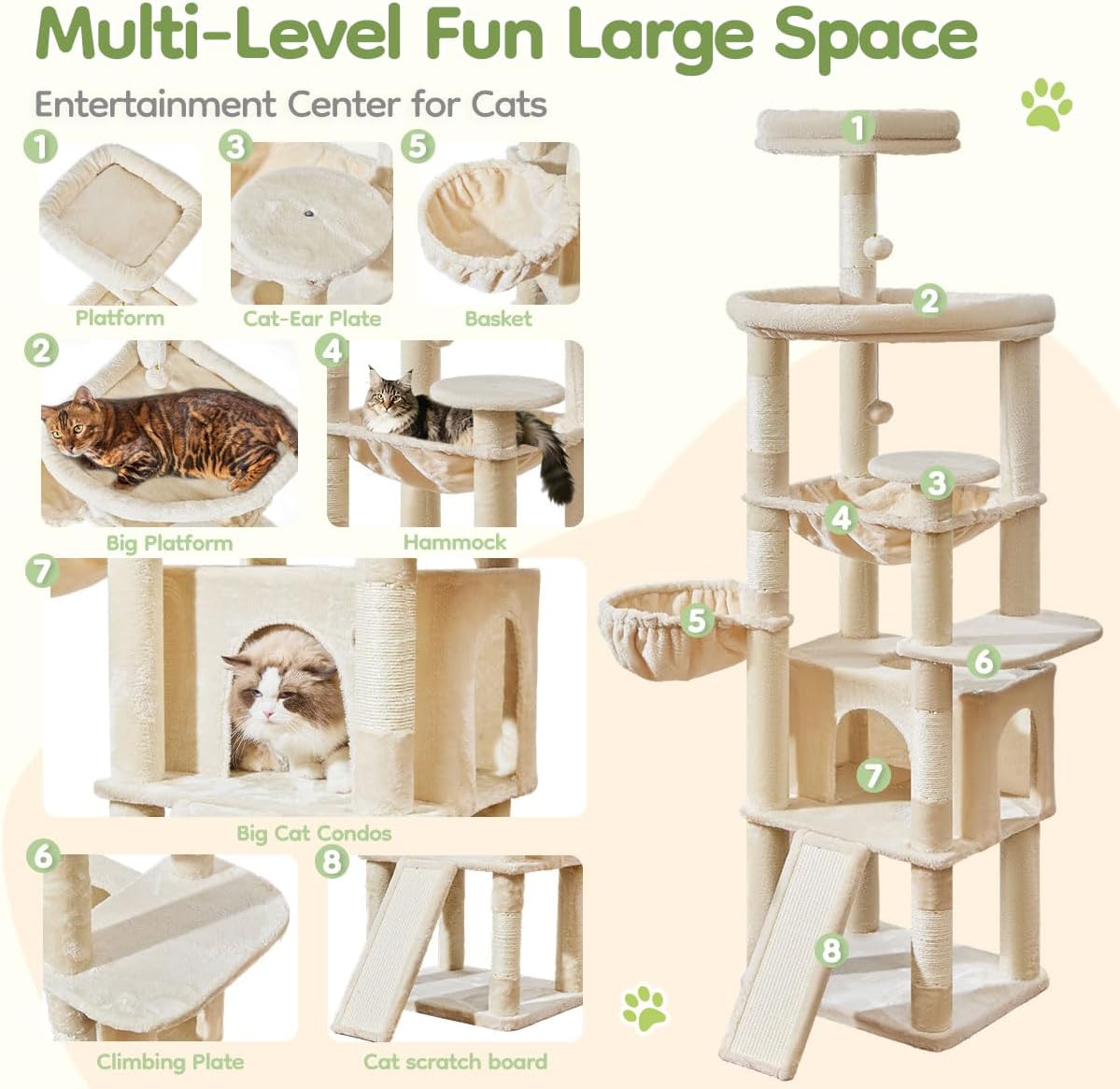 Taoqimiao 72 Inches Cat Tree for Large Cats, Multi-Level Tall Cat Tower, Widened Cat Condo with Large Scratch Board, 5 Scratching Posts, Metal Hammcock, Cozy Basket, Beige, MS045M - Image 2