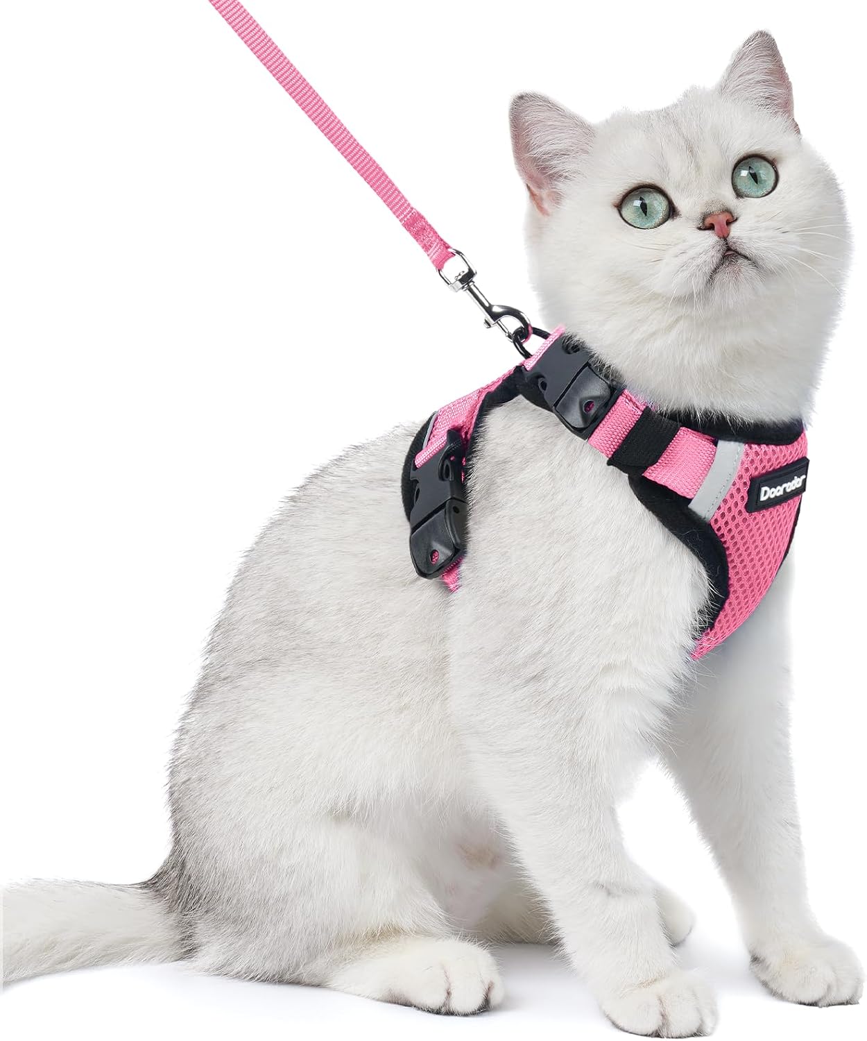 Dooradar Cat Harness and Leash Set with Neck Release Buckle, Pink | Escape Proof, 3 Easy-on Buckles, Smooth & Lockable Adjustment, Soft Air Mesh, Reflective, for Small to Average Cat Walks, S