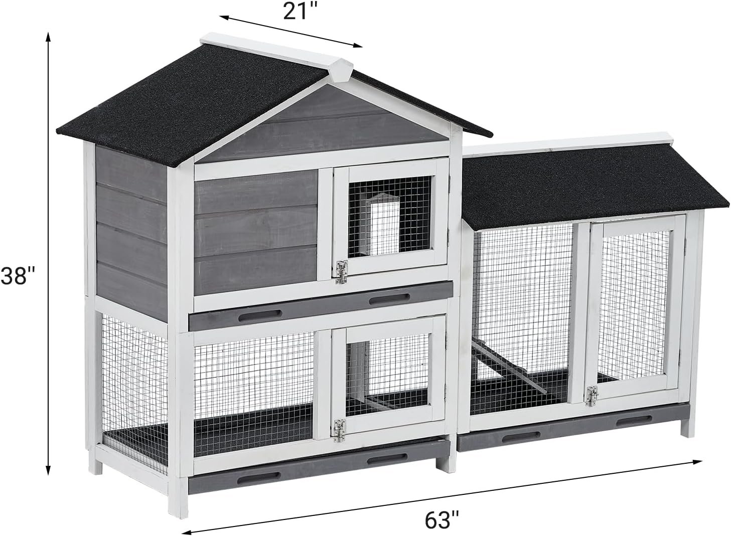 Garvee 58'' Bunny Hutch Indoor Bunny Cage, with 3 Removable Trays | Wooden Waterproof Roof Rabbit Hutch Indoor/Outdoor, 2-Tier Bunny House/Chicken Coop, Gray and Black - Image 8
