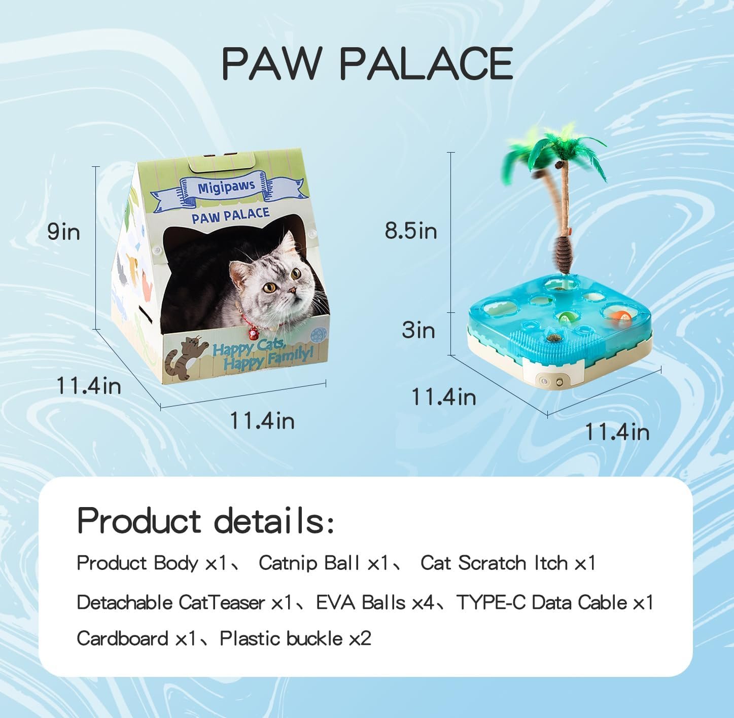 Migipaws 7-in-1 Interactive Cat Toy Motion Activated Indoor Playset with Automatic Pop Bounce Cat Ball, Feather Palm Tree Wand, Catnip Ball & Self-Grooming Cardboard House Rechargeable - Image 7