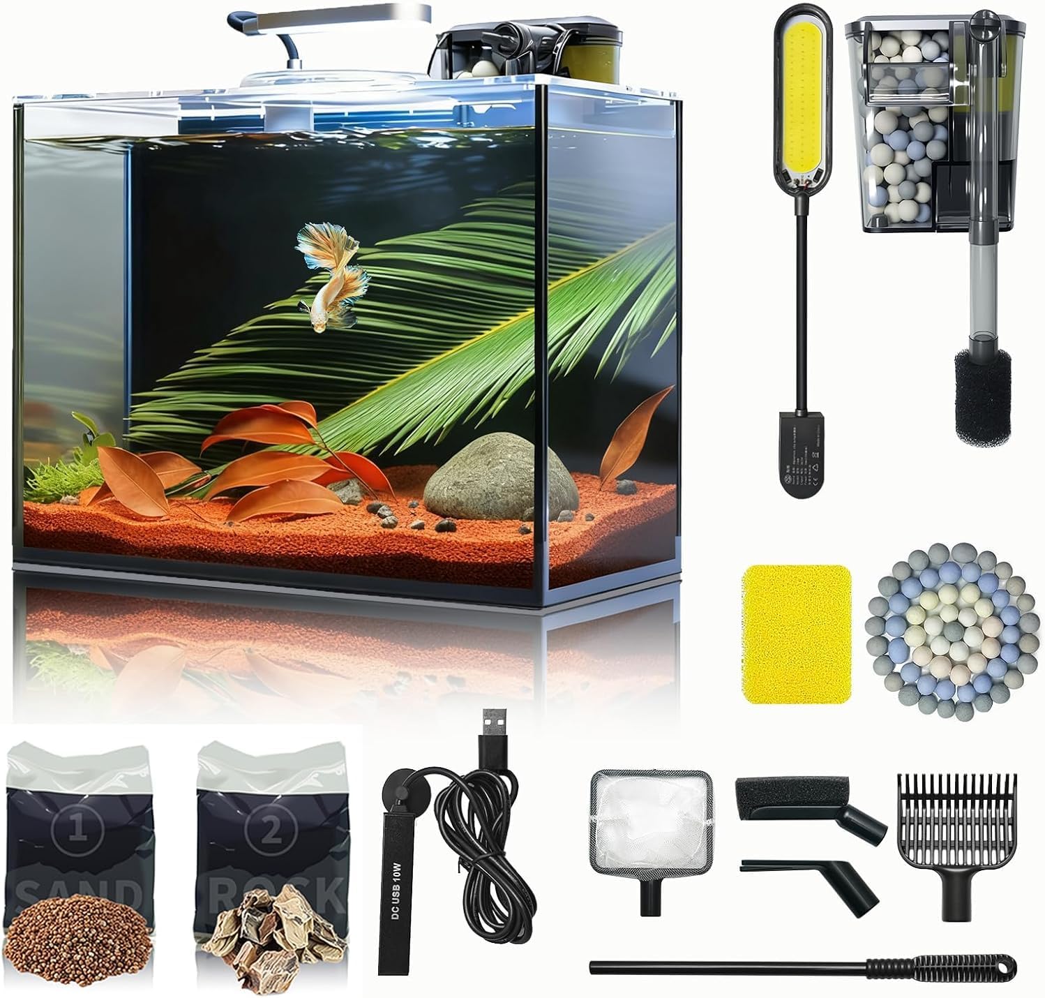 3 Gallon Aquarium Set Small Fish Tank Glass, Starter Kit with Heater Water Pump Cleaning Filter Bright Light Rocks Gravel Cleaning Tool, Leak-Proof Clear Rimless Desktop Spaces Saving Betta Fish