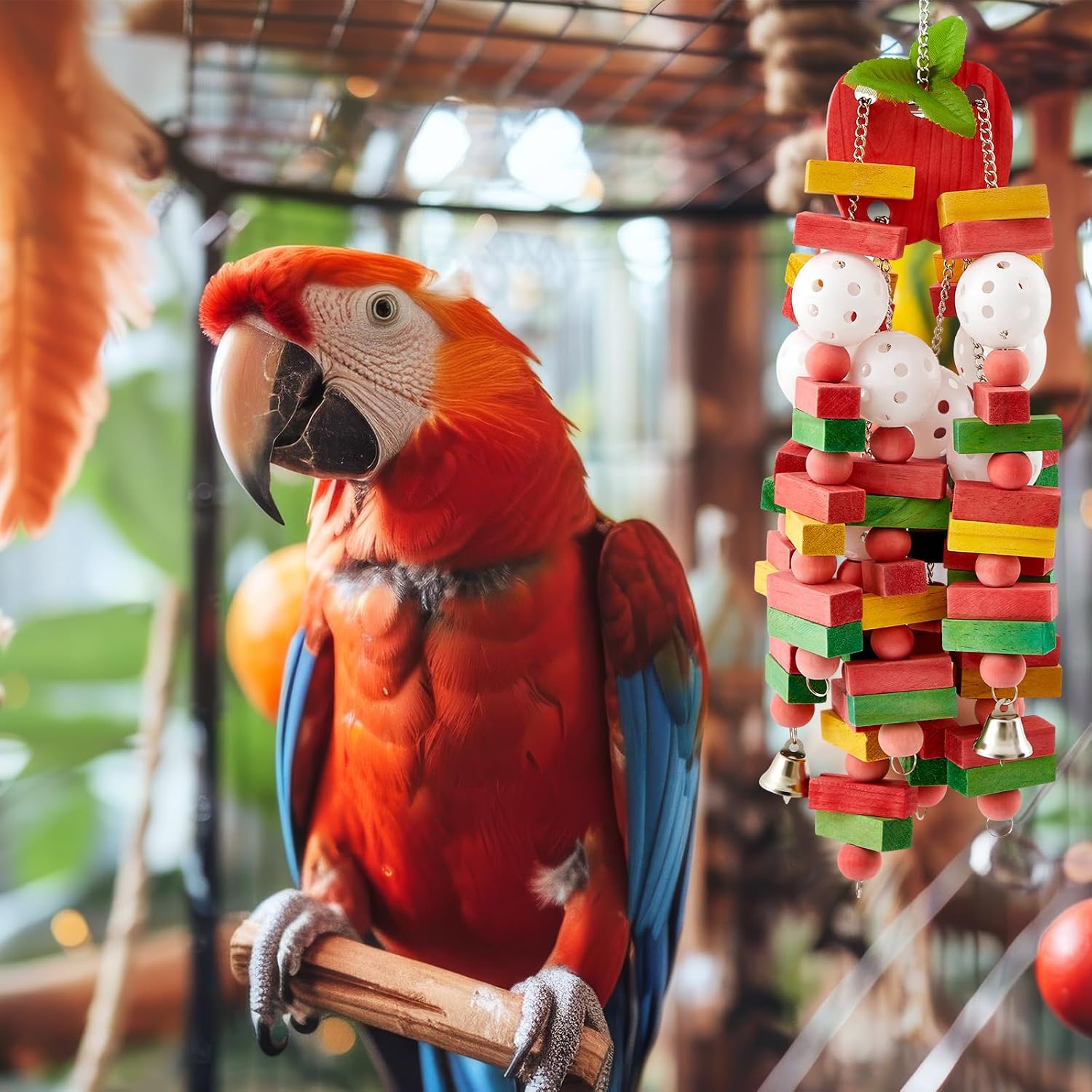 Seenelling 3 Pcs Extra Large Bird Parrot Toy Multicolored Natural Wooden Parrot Cage Chewing Toys for Large Medium Macaws Cockatoos African Grey Birds (Block and Rope) - Image 2