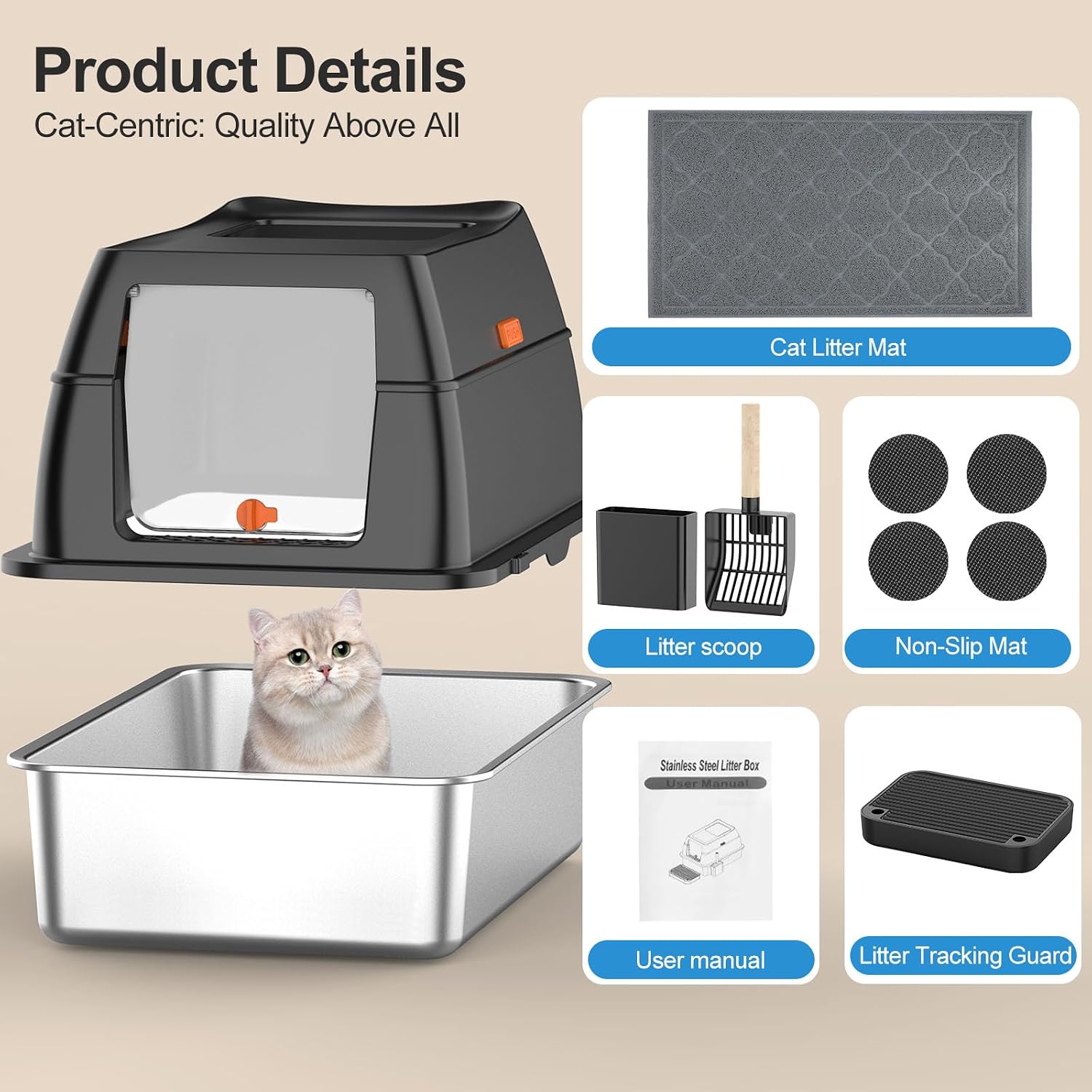Stainless Steel Litter Box with Lid,Front Entry Top Exit Kitty LitterBox,Extra Large Enclosed Metal Cat Box with Litter Scoop & Litter Mat-Black - Image 6