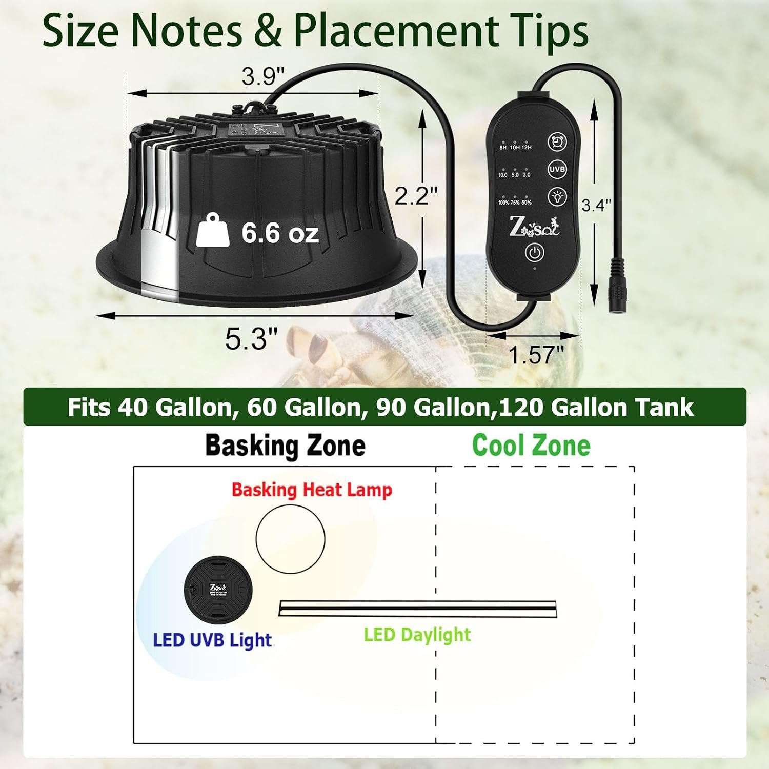 UVB Light for Reptiles Separate Daylight & UVB 10.0/5.0/3.0 Reptile Light Fixture 10W LED Lamp with 24H Cycle Timer UVA UVB Light for Bearded Dragon, Chameleon, Gecko - Image 5