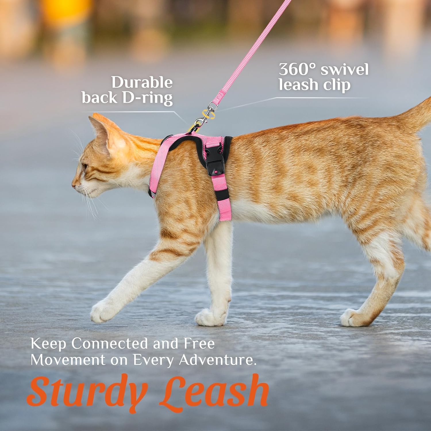 Dooradar Cat Harness and Leash Set with Neck Release Buckle, Pink | Escape Proof, 3 Easy-on Buckles, Smooth & Lockable Adjustment, Soft Air Mesh, Reflective, for Small to Average Cat Walks, S - Image 7
