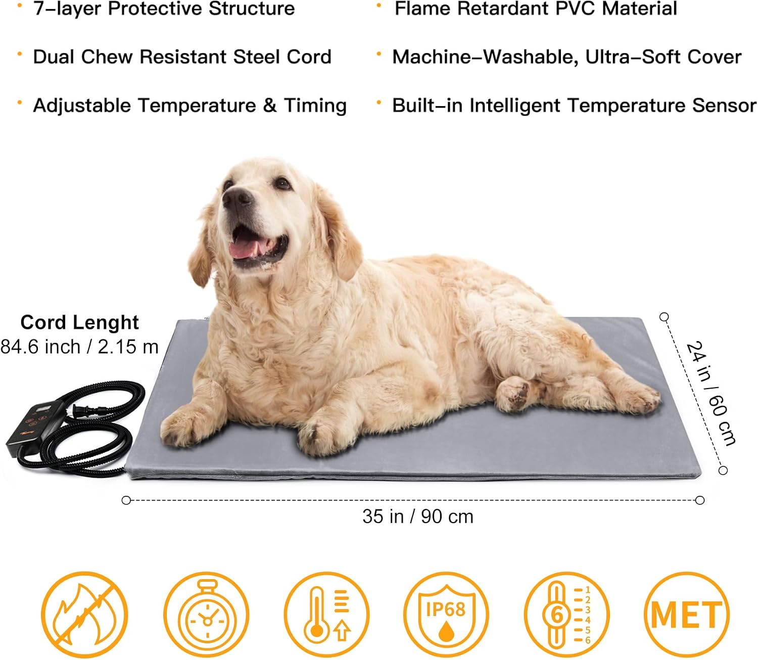 Toozey Large Heated Pet Mat 35x24 in - Waterproof, Chew Resistant, 6 Temp Settings with Timer, Indoor Use for Dogs and Cats - Image 2