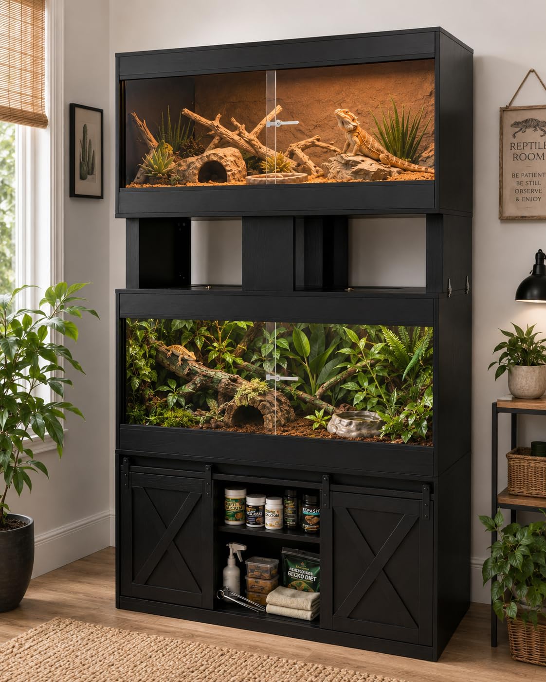 Cushore Double 4x2x2 Reptile Enclosure with Stand, Albizia Solid Wood-Core 120 Gallon Reptile Terrarium, Bearded Dragon Tank Stand with Sliding Door and 2 Cabinets for Lizard, Crested Gecko, Black