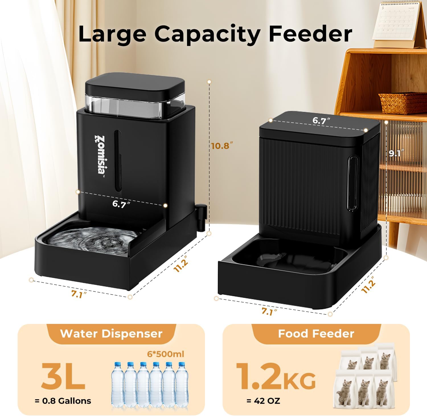 ZOMISIA Automatic Cat Feeder and Water Dispenser Set, 2 in 1 Gravity Cat Food Dispenser with 180 Degree Rotatable, Pet Self Feeding Large Capacity for Small Dogs Puppy Kitten, Black, 0.8 Gallon x 2 - Image 2
