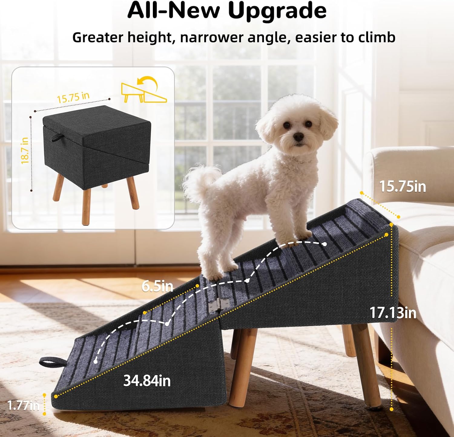 2-in-1 Foldable Dog Stairs & Ottoman, Non-Slip Pet Steps for Small Dogs | wooden dog ramp , foldable space-saving design, ideal for puppies senior & injured pets, helps dogs easily reach couch - Image 2