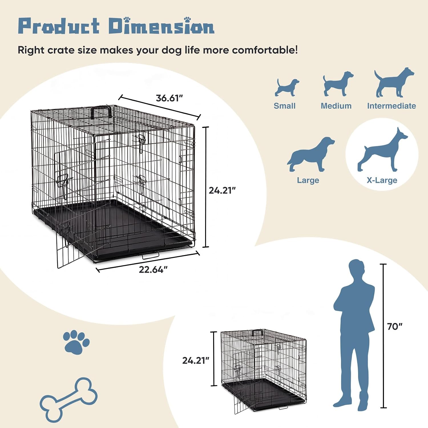 DUMOS Dog Crate, 36 Inch Medium Double Door Dog Cage with Plastic Leak-Proof Pan Tray, Handle, Folding Metal Wire Pet Kennel for Indoor, Outdoor, Travel - Image 5
