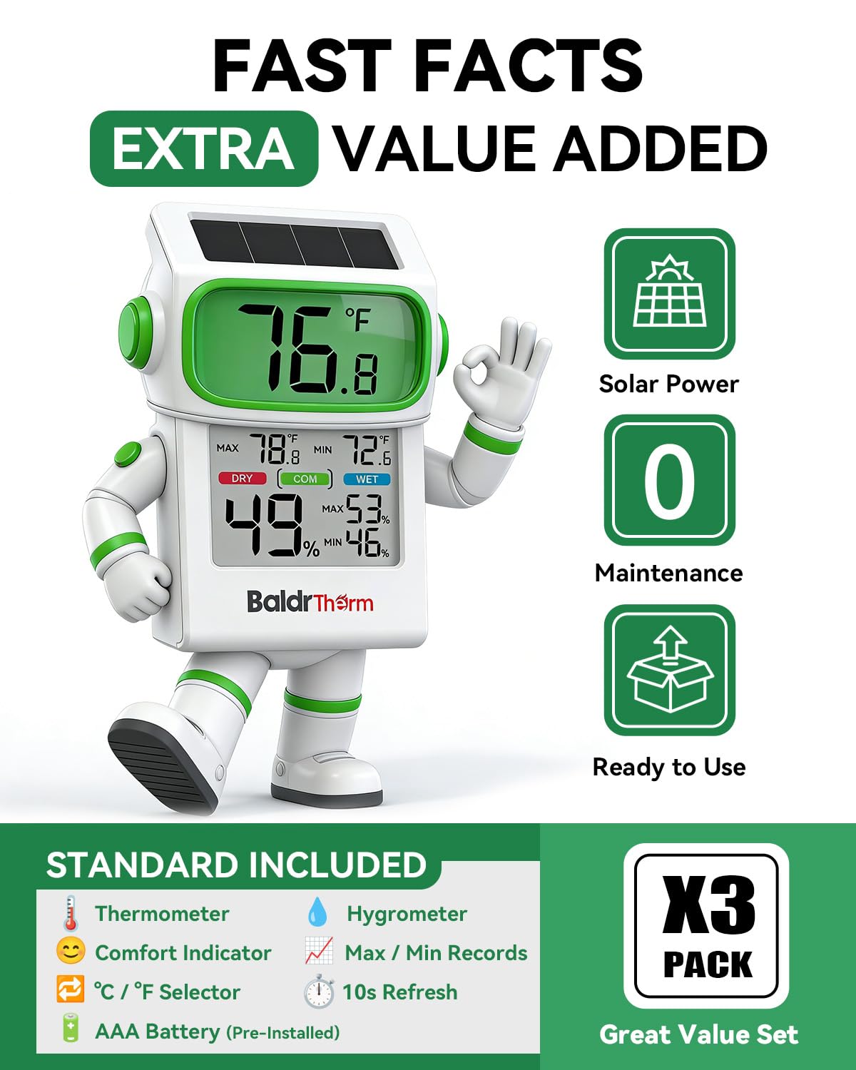 BALDR Indoor Thermometer Hygrometer, Solar Power with Battery Backup, Large Display, Daily Max/Min & Comfort Indicator Humidity Meter - Image 2