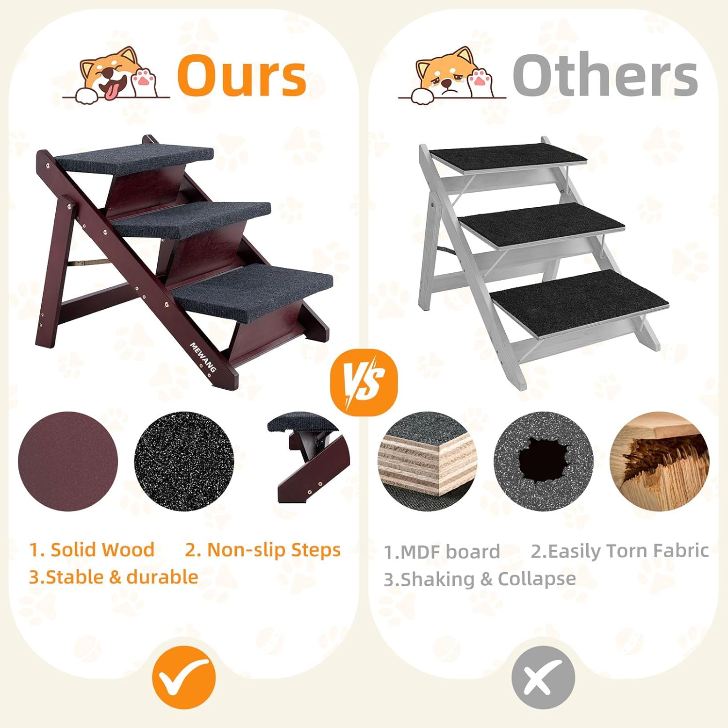 MEWANG Wooden Pet Stairs/Pet Steps - 3-in-1 Foldable Stairs & Ramp for Beds and Cars - Portable Dog/Cat Ladder Up to 220 Pounds - Great for Small and Older Animals(Brown) (24.8" L x 17.2" W x 19.5" H) - Image 3