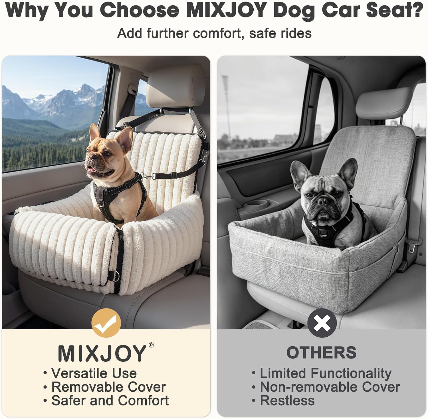 MIXJOY 6-in-1 Dog Car Seat for Small/Medium Dogs up to 25 lbs, Multi-Functional Dog Carrier for Car with Detachable Washable Cover, Pet Travel Bed with Clip-On Safety Leash, Beige - Image 6