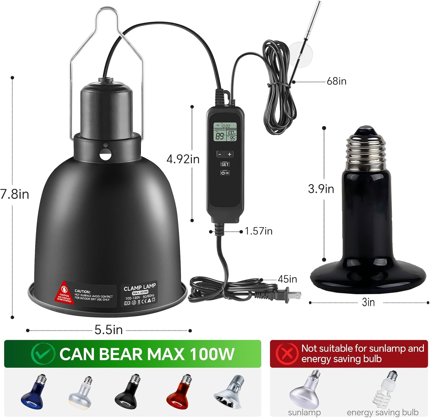 5.5 inch Reptile Heat Lamp Fixture with Thermostat and Timer,Reptile Light Fixture with 100W Ceramic Heat Emitter, PID Temperature Controller for UVB Lights, Basking Bulbs and Terrariums - Image 3