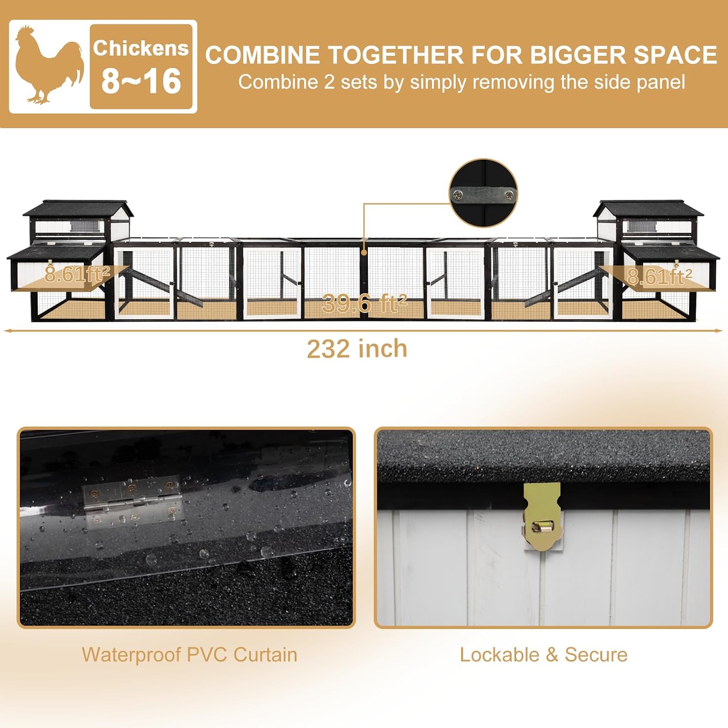 PetsCosset 116" L Large Chicken Coop and Run, Hen House with 4 Nesting Box Boxes, Rabbit Hutch Poultry Bunny Cage for 4-6 Chickens with 4 Perches, Removable Tray and Ramp and UV-Resistant Roof Panel - Image 5