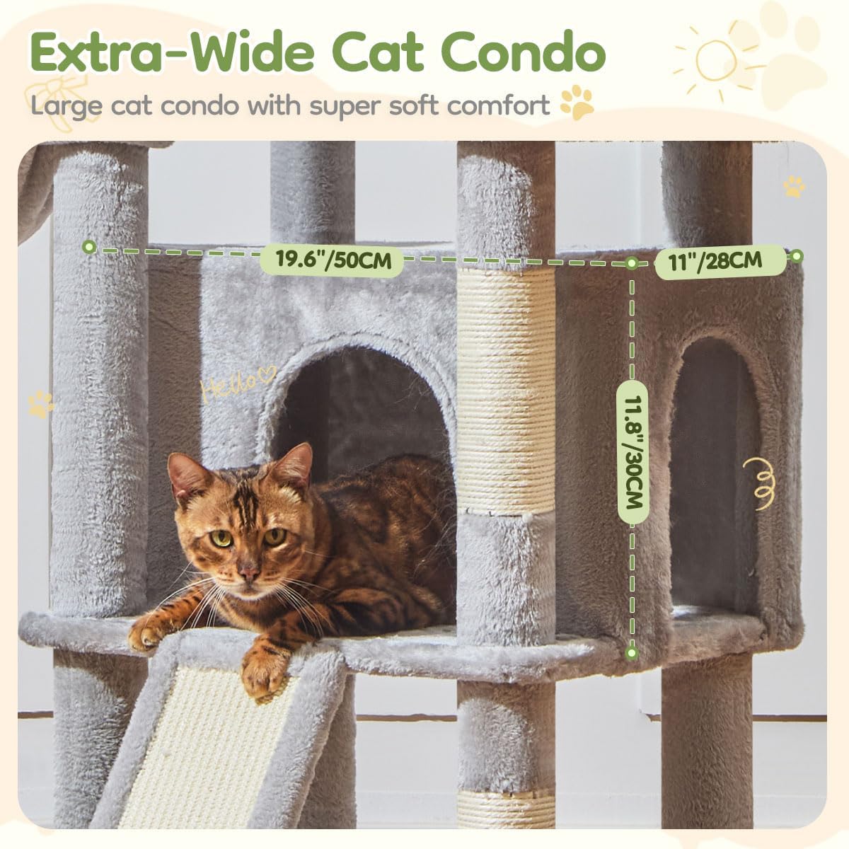 Taoqimiao 72 Inches Cat Tree for Large Cats, Multi-Level Tall Cat Tower, Widened Cat Condo with Large Scratch Board, 5 Scratching Posts, Metal Hammcock, Cozy Basket, Light Gray, MS045W - Image 4