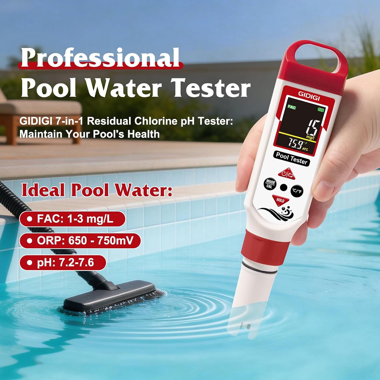 Digital Chlorine Tester for Pool, pH Test kit & Salinity ORP Meter | 7 in 1 Water Quality Tester, for Swimming Pool Hot Tub Aquarium, with AAA battery & pH calibration kit, Digital Color Screen - Image 2