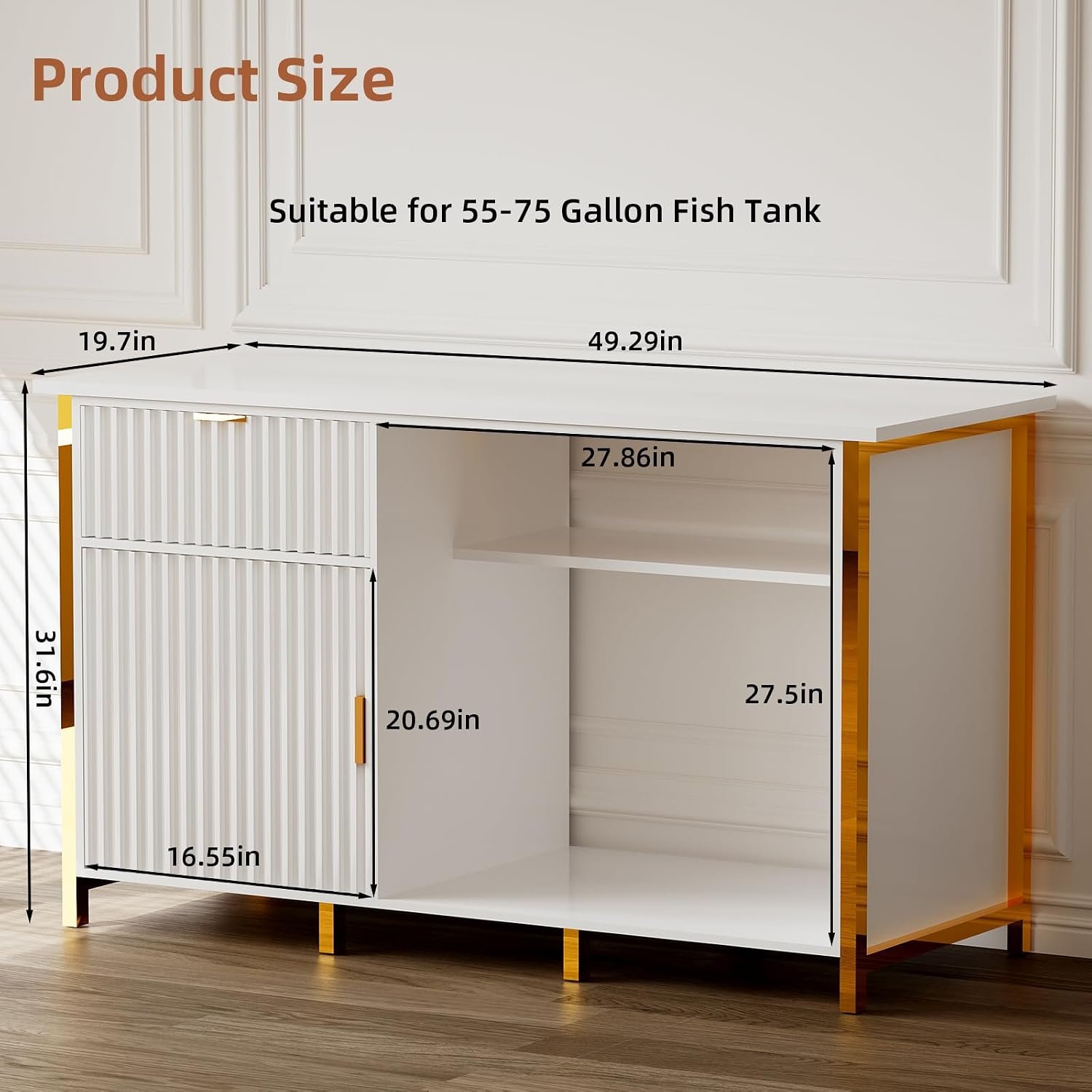 55-75 Gallon Fish Tank Stand, Aquarium Stand with LED Light, White & Gold | 49 x 20 In Top, Modern Fluted Design, 2 Outlets, 2 USB Ports, Shelf Storage, Metal Frame Support, 1100 LBS, Turtle Tank Stand - Image 2