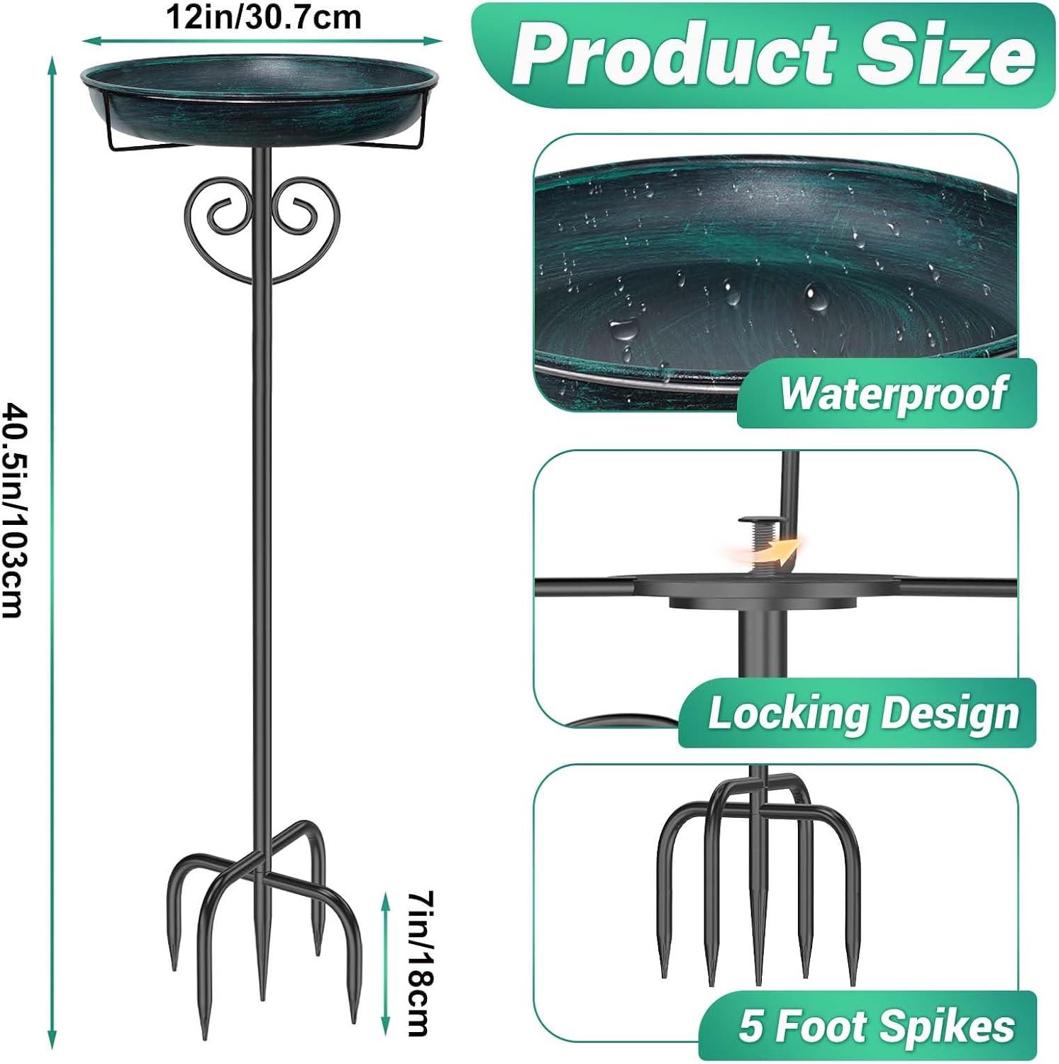 Bird Bath for Outside,Freestanding Garden Birdbaths,Vintage Green | 2" Deep Removable Water Bowl,40" Tall Birdfeeder,Sturdy Metal Stake,Easy Cleaning,Weather Resistant,Yard Lawn Patio Decor - Image 3
