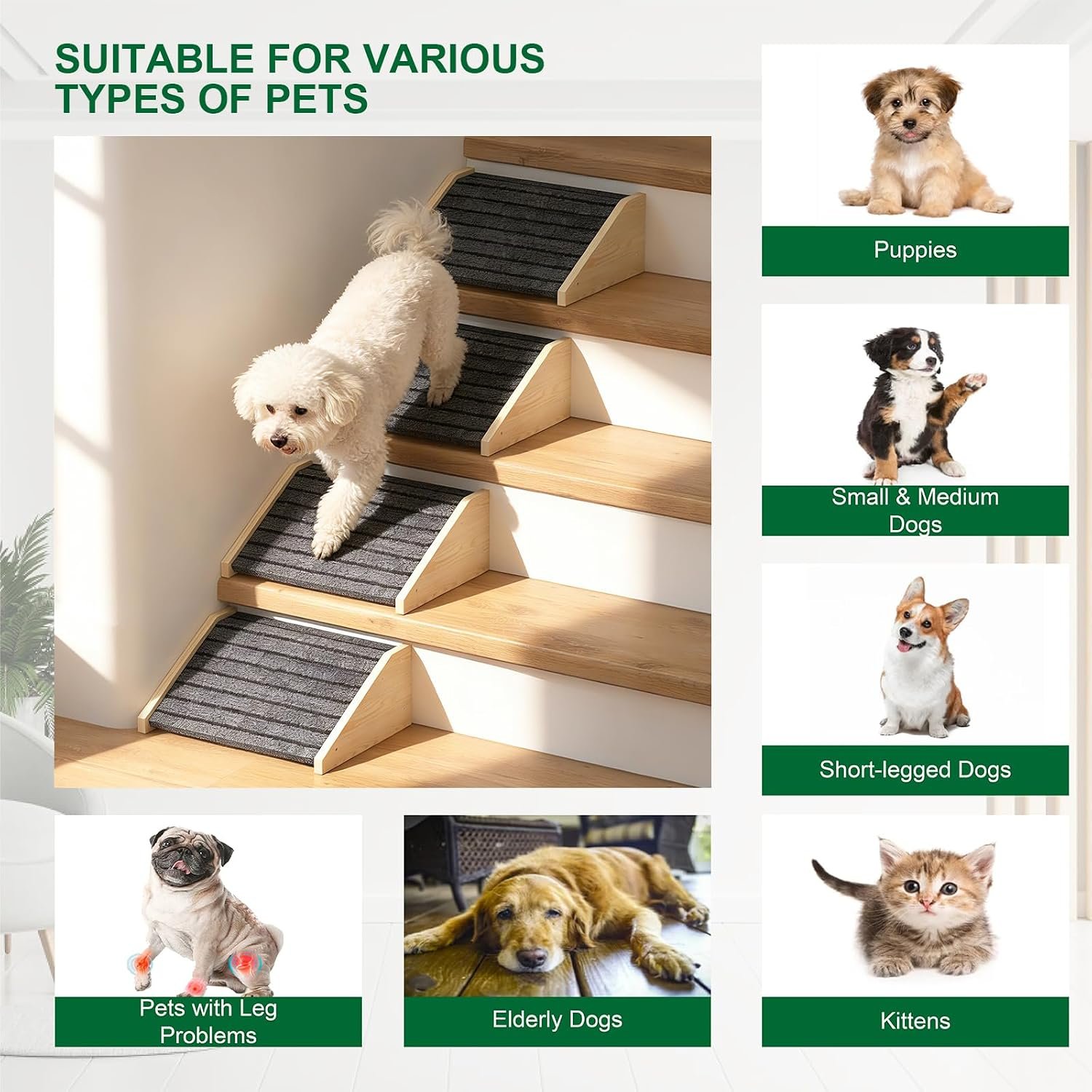 TIMHAKA 2 Pack Dog Ramp for Stairs, Upgraded Widened Non-Slip Dog Stairs for Small Medium Dogs, Wooden Pet Steps for Staircase, Steps and Stairs Assist for Injured & Aged Pets - Image 6