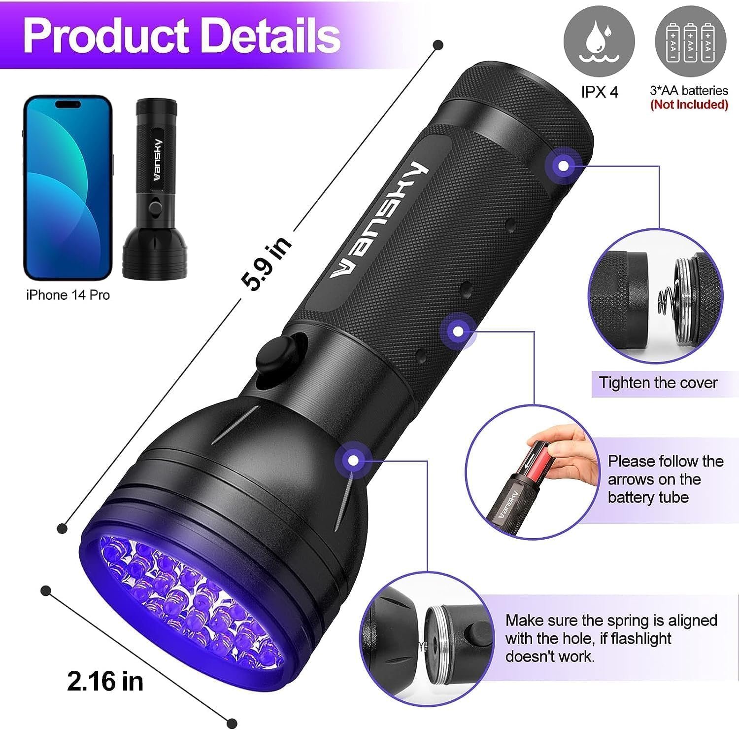 Vansky UV Flashlight Black Light, 51 LED Blacklight Pet Urine Detector for Dog/Cat Urine, Dry Stains, Bed Bug, Resin Curing, Scorpions Finder - Image 6