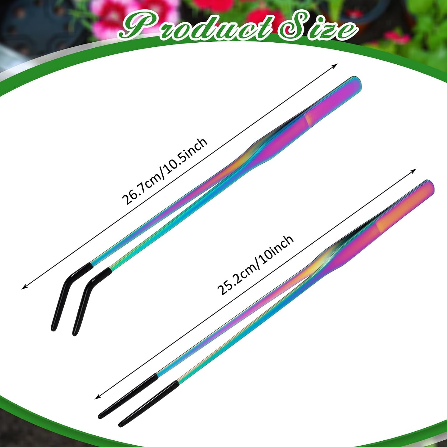 Lasnten 2 Pcs Extra Long Stainless Steel Reptile Feeding Tongs with Rubber Tip 10 Inch, 10.5 Inch Bearded Dragon Aquarium Straight and Curved Long Tweezer Terrarium Feeder Tool for Tank(Colorful) - Image 2