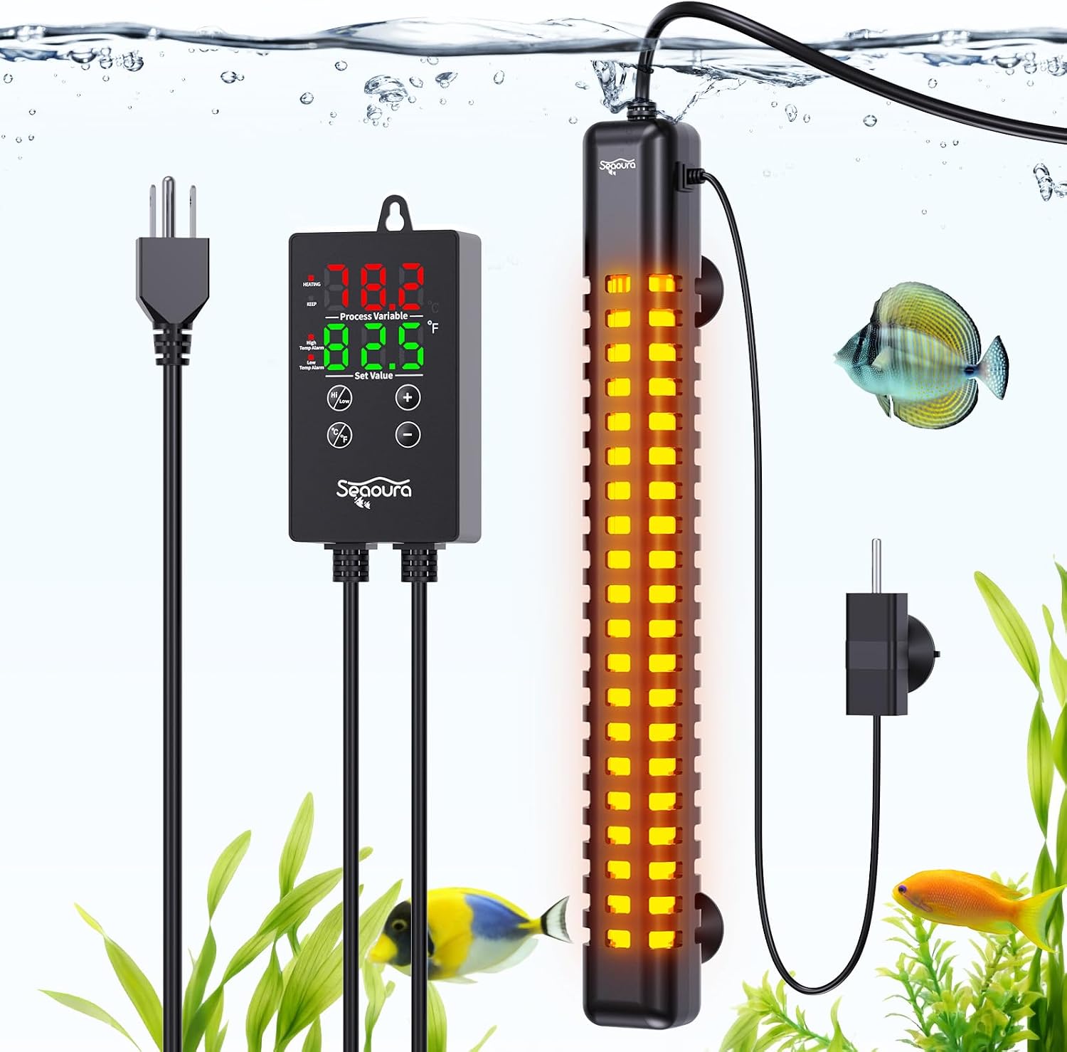 SEAOURA 500W Aquarium Heater, Submersible Fish Tank Heater for 70-80 Gallon, ECO Precise Adjustable 0.1℉/℃ Temp, Overheat Protection Auto Power-Off, External Intelligent Controller, Salt/Freshwater