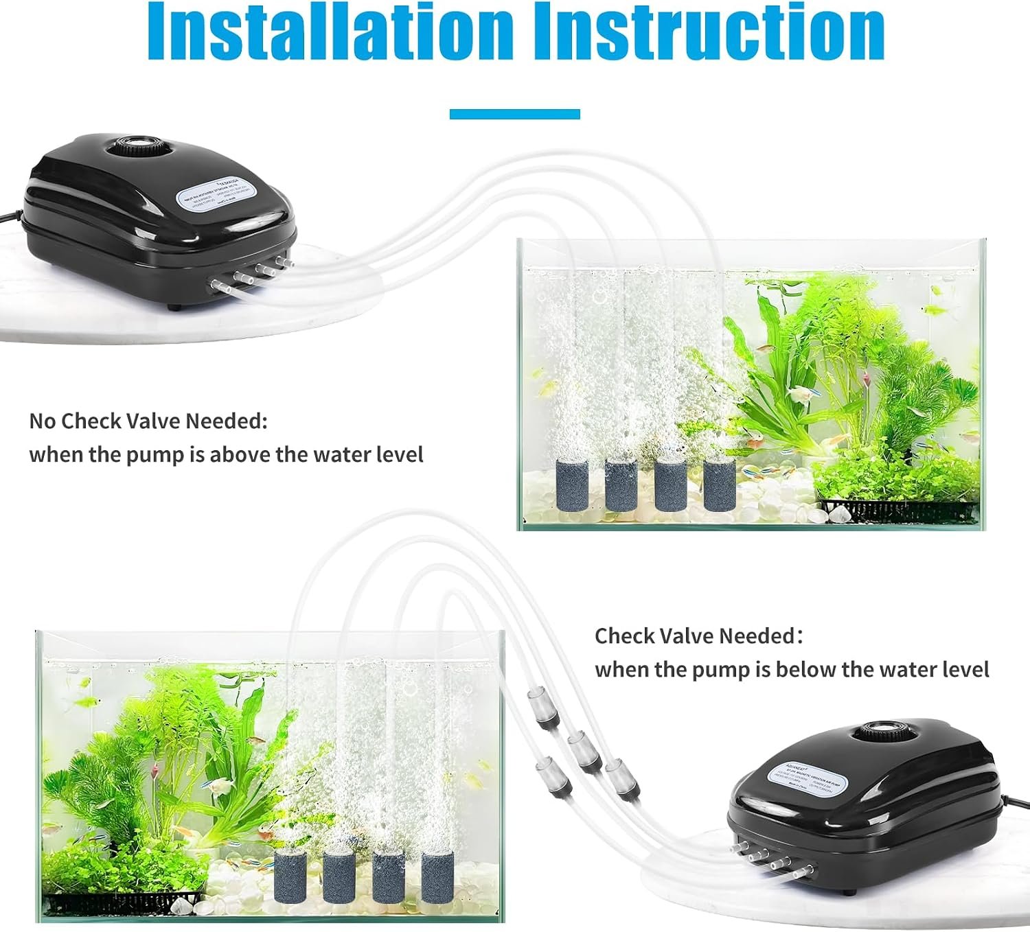 AQUANEAT Aquarium Air Pump 300GPH, for up to 200 Gallon Fish Tank, Powerful Hydroponic Aerator Pump with Tubing, Air Stones, Valves - Image 6
