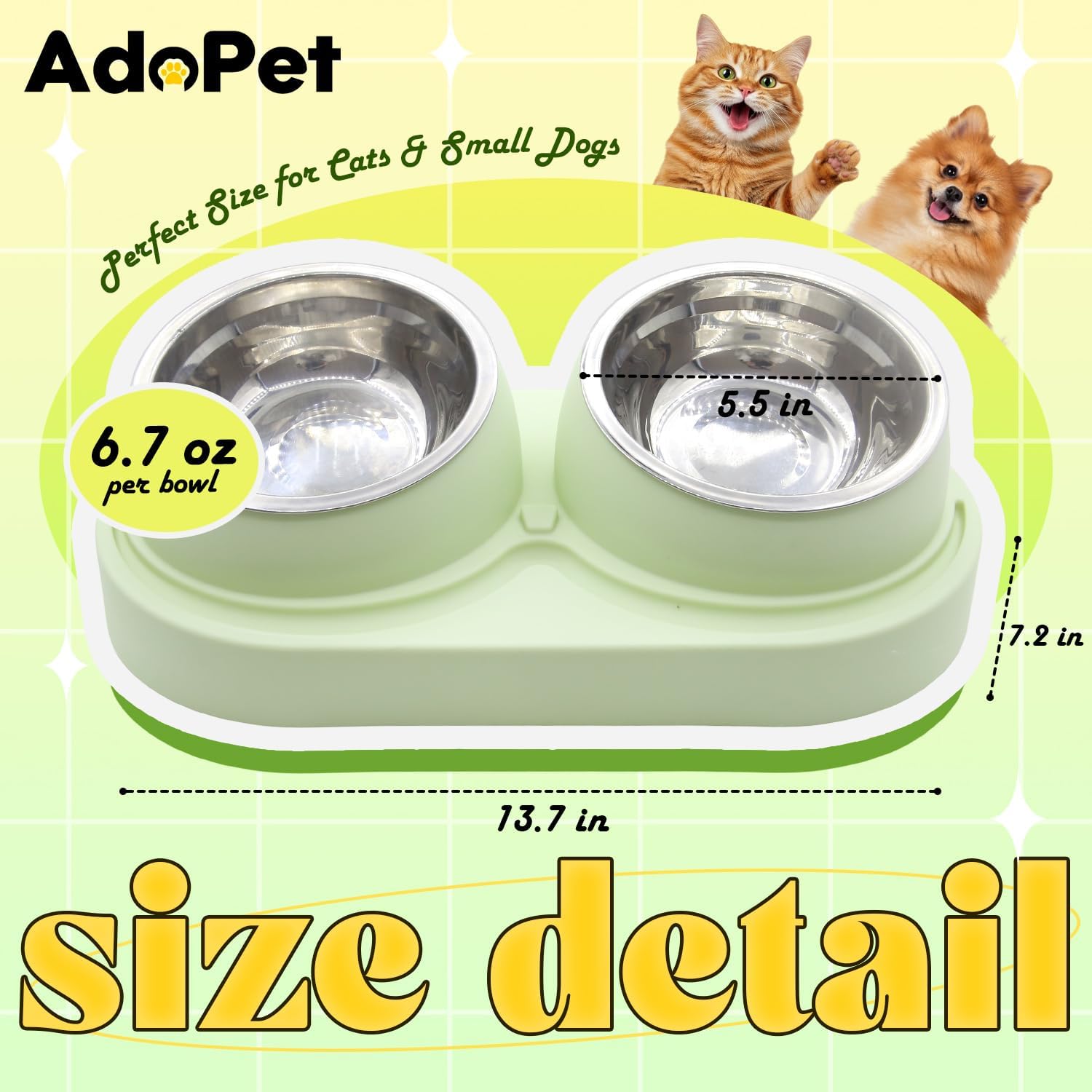 Non-Slip Tilted Double Dog & Cat Bowl with Removable Inserts, Anti-Tip Dual Food and Water Feeder for Small Dogs and Cats, Easy to Clean (Pastel Green) - Image 2