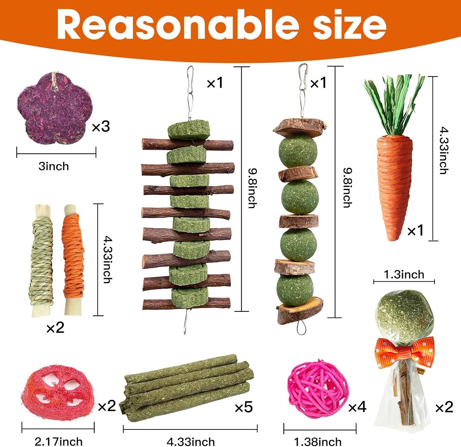 Jorewood 21 Pcs Rabbit Chew Toys for Teeth, Natural Bunny Toys Peach Wood Grass Timothy Sticks Chew and Treat for Guinea Pigs Hamster Chinchillas and Other Small Pets - Image 3