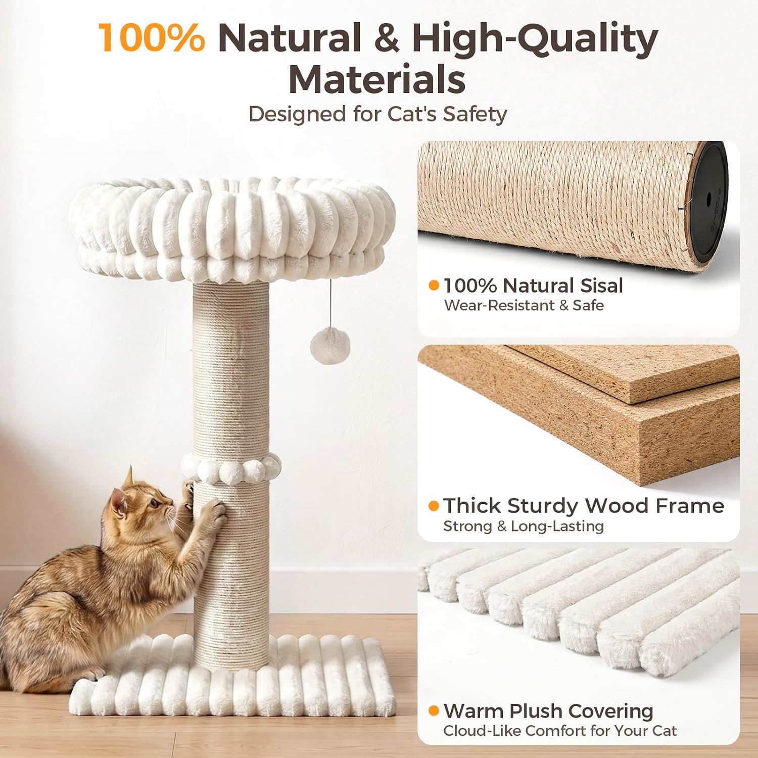 Avont 29" Sisal Cat Scratching Post with Large Plush Perch, Cream | Large Cat Scratcher Tower & Plush Elevated Cat Bed with Removable & Washable Cover, Sturdy Cat Perch for Indoor Cats - Image 4