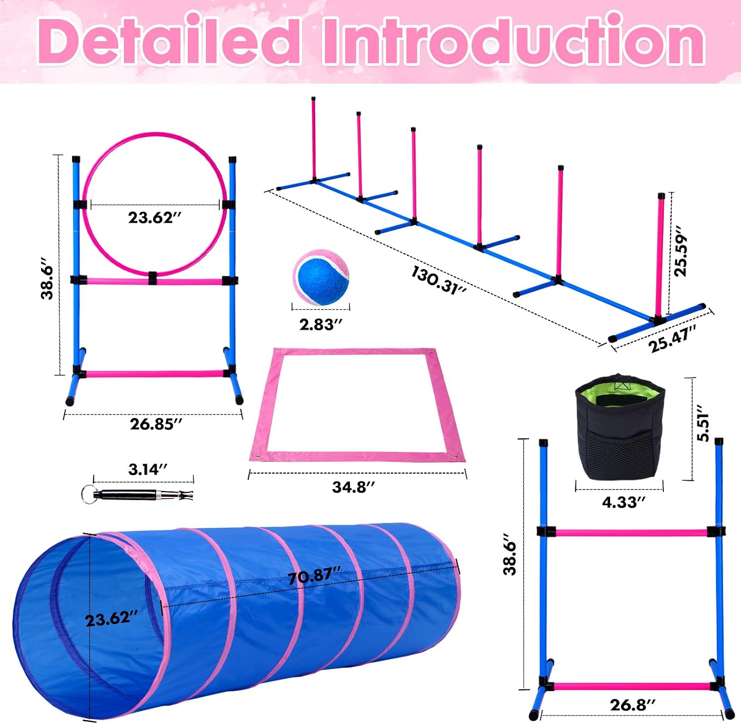 Dog Agility Course Backyard Set, Dog Agility Equipment, Pet obstacle Course Backyard with 6 Dual Mode Weave Poles, 2 Adjustable Hurdle, Jump Ring, Tunnel, Pause Box, Toy Balls and 2 Carrying Bags,Pink - Image 7