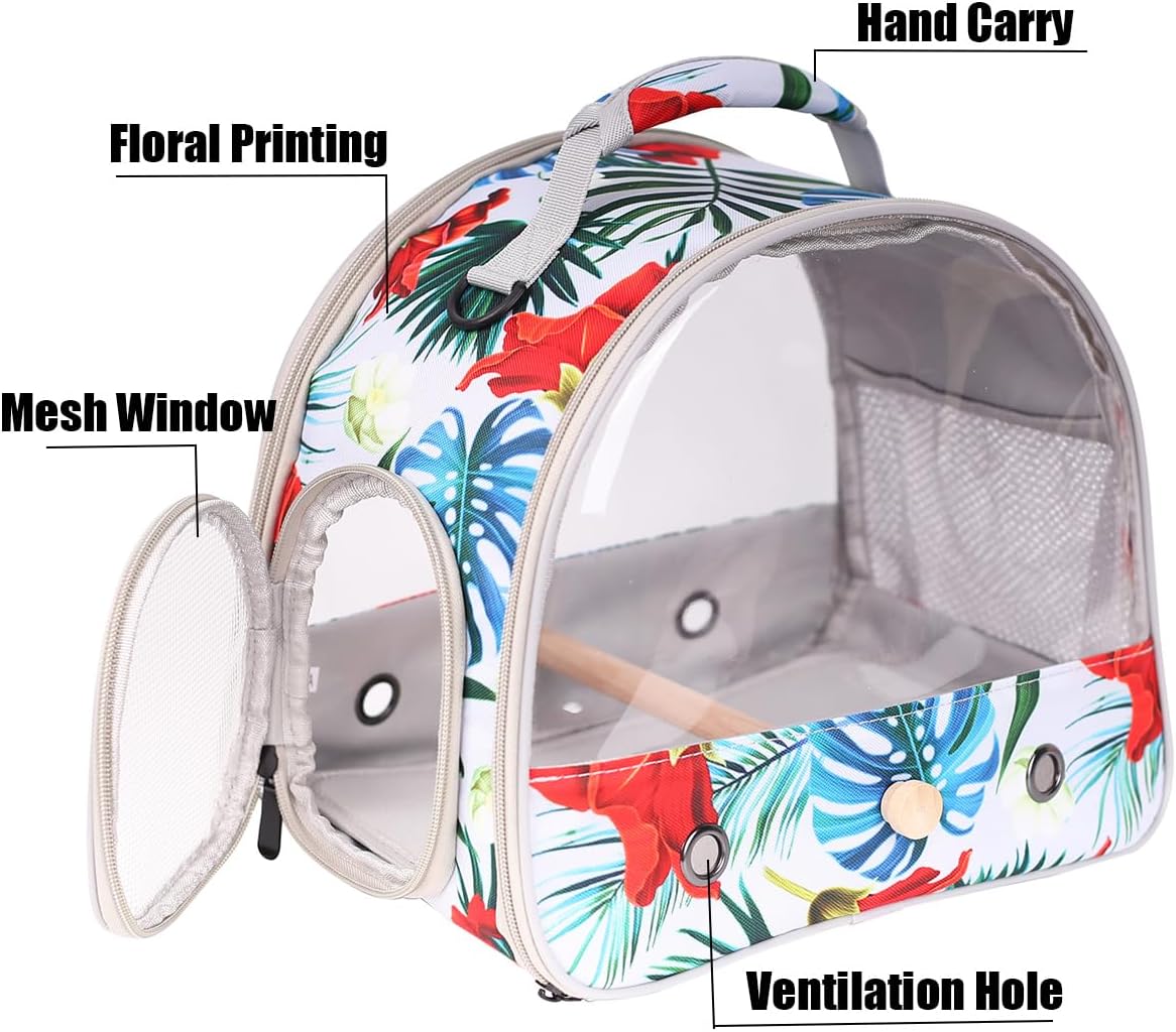Portable Small Bird Travel Carrier Cage with Stand Perch, Bird Carrier to Carry Parakeet Budgies Parrot Cockatiel Conure Outdoor, Front Clear Window with Floral Printing - Image 3