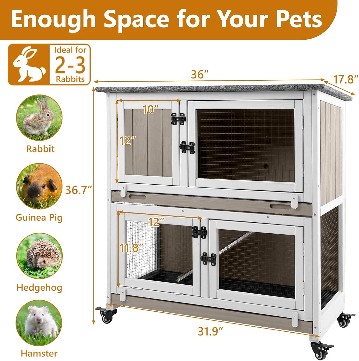 2 Story Rabbit Hutch Indoor & Outdoor, Wooden Rabbit Cage with 2 Leak-Proof Pull-Out Trays, 4 Wheels, Ramp, Chew-Anti Metal Strip for Rabbit, Guinea Pig, Hamster (36" L x 17.8" W x 36.7" H) - Image 5
