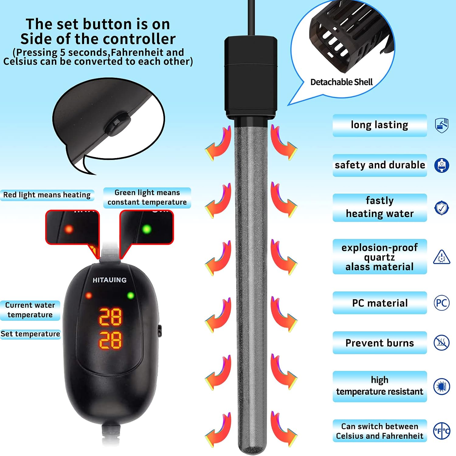 HiTauing Aquarium Heater, 50W/100W/200W/300W/500W Submersible Fish Tank Heater with Over-Temperature Protection and Automatic Power-Off When Leaving Water for Saltwater and Freshwater - Image 4