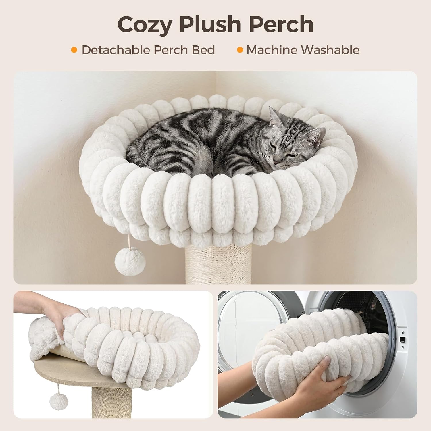 Avont 29" Sisal Cat Scratching Post with Large Plush Perch, Cream | Large Cat Scratcher Tower & Plush Elevated Cat Bed with Removable & Washable Cover, Sturdy Cat Perch for Indoor Cats - Image 6
