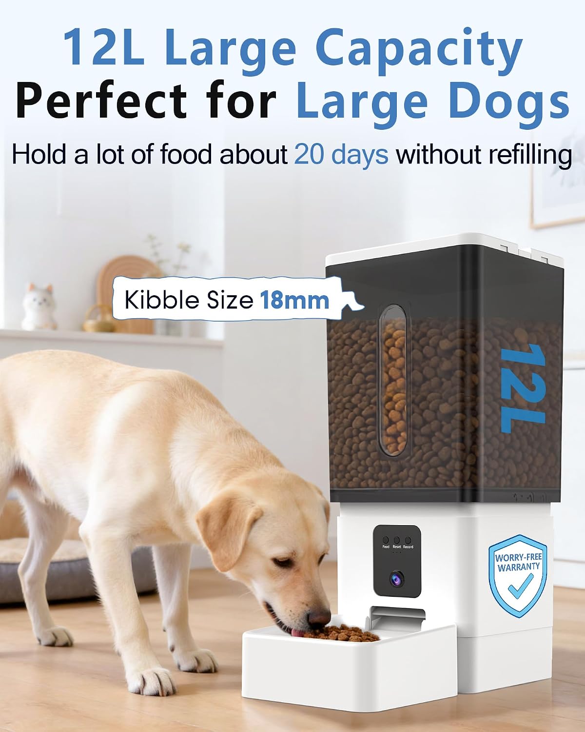 12L Large Dog Automatic Feeder with HD Camera: 50 Cups/20-Day Food Capacity | Easy Setup Timed Dog Feeder for Travel & Business Trips, Anti-Clog for 2-18mm Large Kibble - Image 2