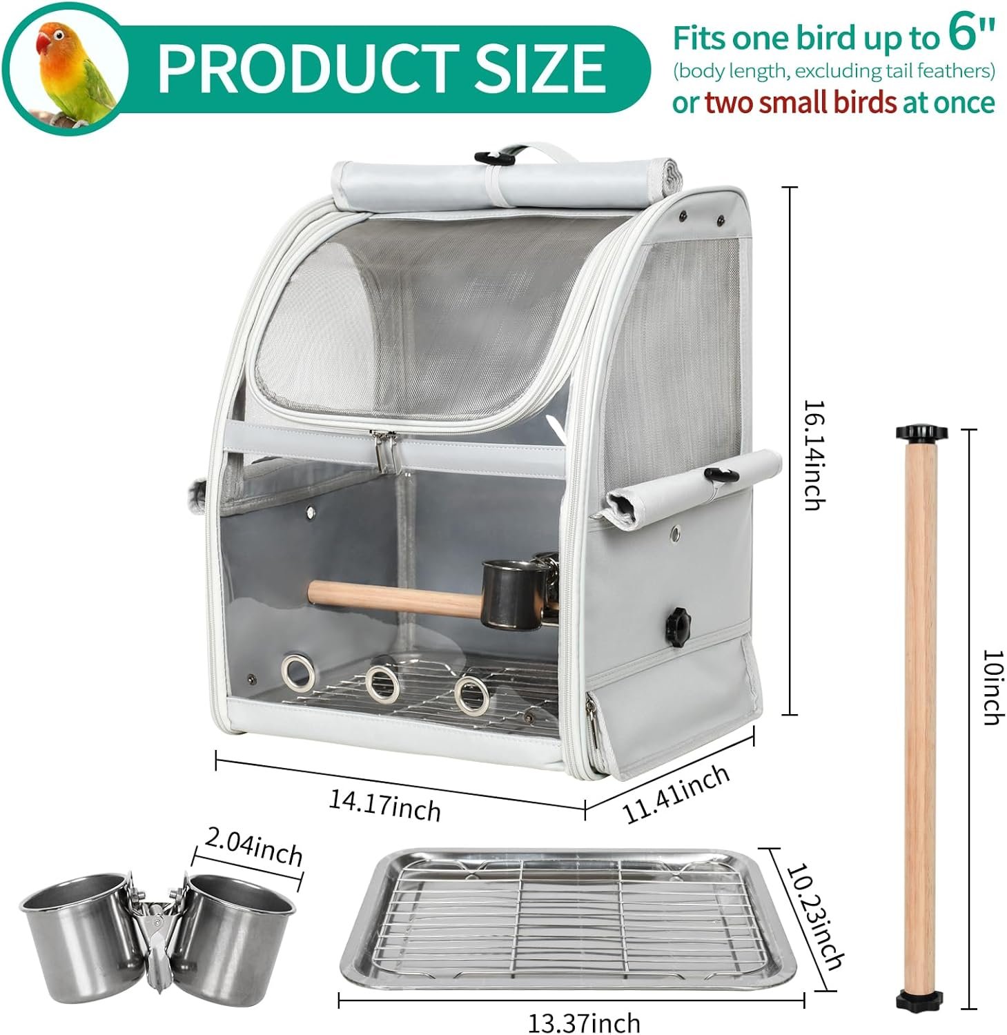 Bird Carrier Bag, Bird Travel Cage with Standing Perch and Indestructible Stainless Steel Mesh, Protable Transparent Breathable Carrier with Feeder Cups for Small Birds Parrot Parakeet, Grey - Image 2