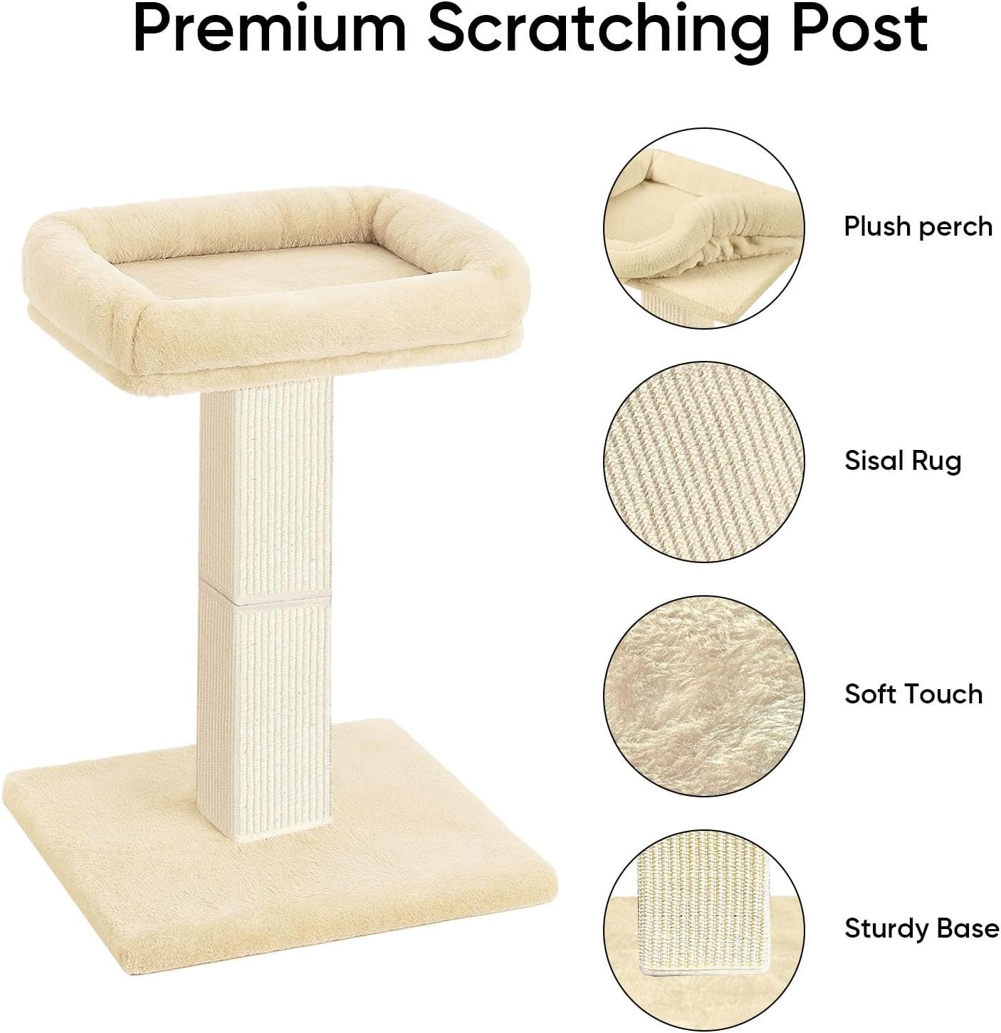 Cat Scratching Post with Plush Perch for Indoor Cats, 32 Inch, Beige | Removable & Washable Cover, Sisal Scratch Post With a Large Elevated Bed, Heavy Duty Post for Cat Adults to Protect Furniture - Image 2