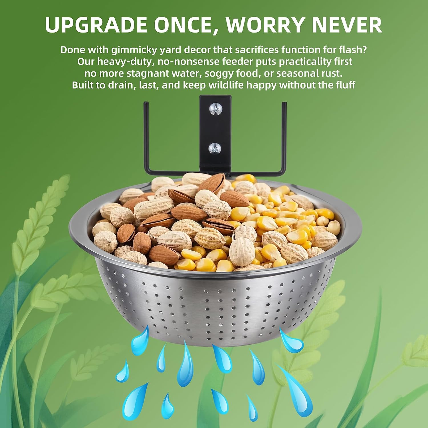 2 Pack 8.5"/1.4L Squirrel & Bird Feeder Combo - 1 Metal Food Bowl with Colander System + 1 Water/Bath/Swim Tray | Tree/Fence Mounted Perfect for Outside | Removable Easy Clean Wildlife Delight - Image 4