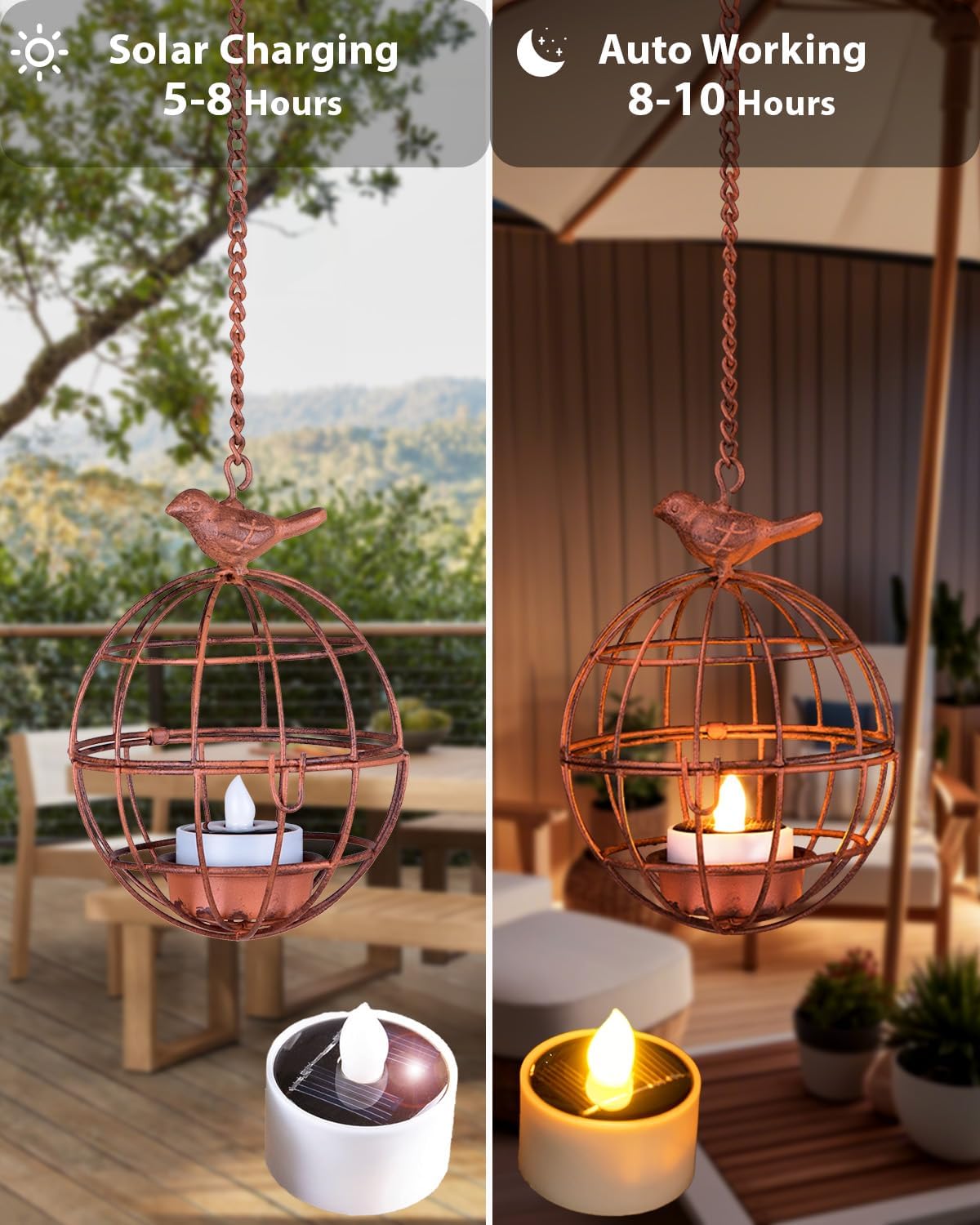 Outdoor Solar Hanging Lantern Lights, 4 Pack Rustic Ball Birdcage Hanging Candle Holder with Solar Tea Lights, Outdoor Waterproof Decorations for Patio, Backyard, Pergola, Tree Decor (Dark Orange) - Image 3