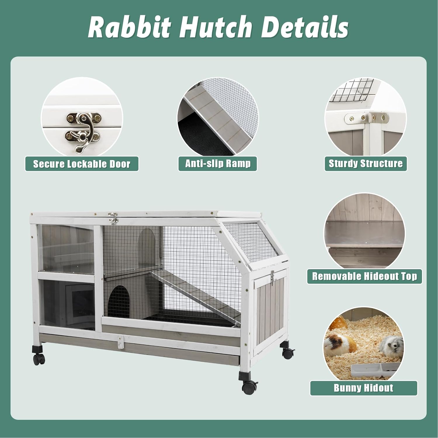 Gowoodhut Indoor Rabbit Hutch - 36''L Outdoor Wooden Bunny Hutch with Wheels Rabbit Cage Guinea Pig Cages Removable Pull Out Tray, Ramp, Hideout, Small Animals Pet House Hamster Ferret for Bunny Cage - Image 6