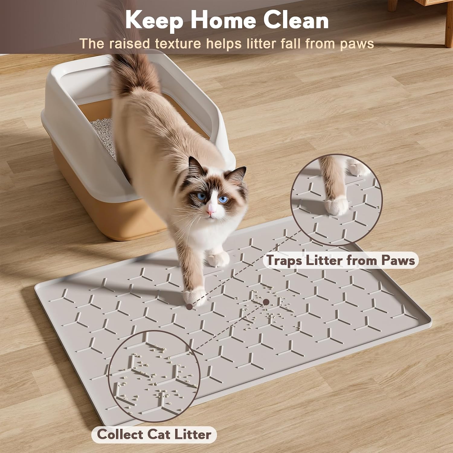 Garoopion Silicone Cat Litter Mat 24×16 inch, Easy to Clean, Gray | Waterproof Silicone Mat with Raised Edges, Catch Litter, Protect Floor from Urine, Multi-Use for Dog/Sink/Kitchen/Boots - Image 3