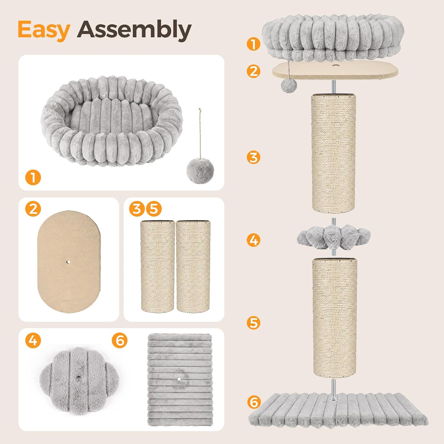 Avont 29” Sisal Cat Scratching Post, Cat Scratcher with Large Plush Perch | Scratching Post with Plush Elevated Bed for Indoor Cats, Removable& Washable Cover, Lightgrey - Image 8