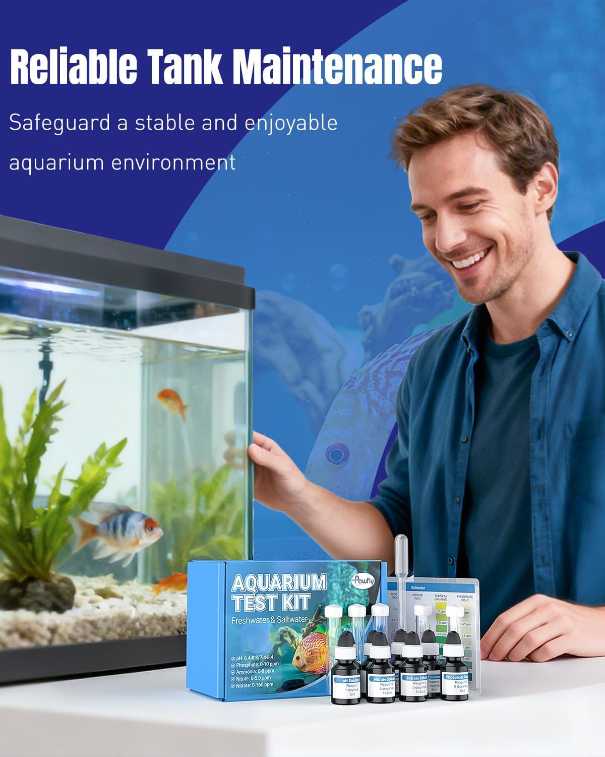 Pawfly 5 in 1 Aquarium Water Master Test Kit, Aquarium Water Test Kit Fish Tank Water Testing Kit for pH Nitrite Nitrate Ammonia & Phosphate, Aquarium Test Kit for Freshwater & Saltwater Fish Tanks - Image 7