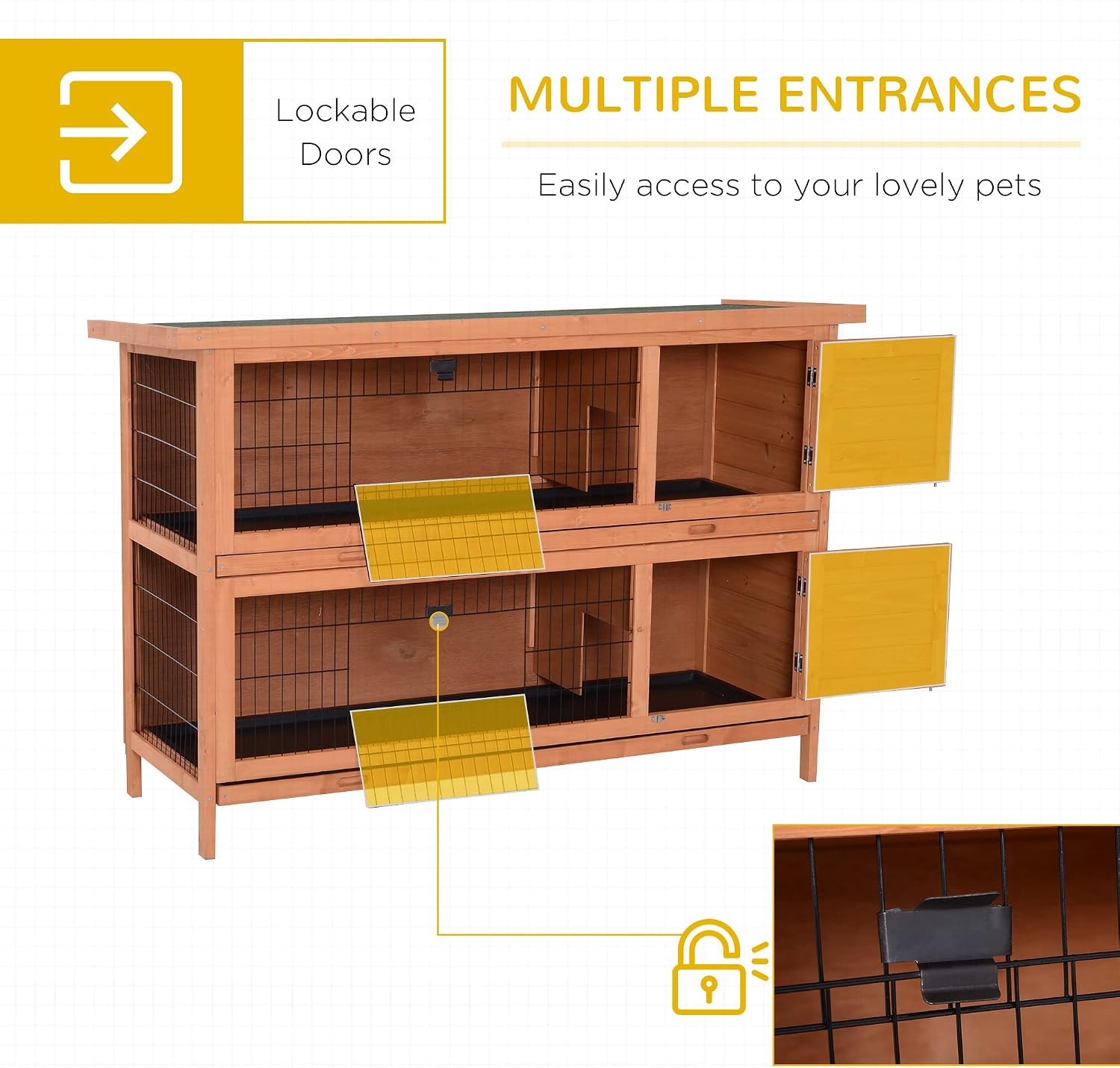 PawHut 54" 2-Story Large Rabbit Hutch Bunny Cage Wooden Pet House Small Animal Habitat with Lockable Doors, No Leak Tray and waterproof Roof for Outdoor/Indoor Orange - Image 4